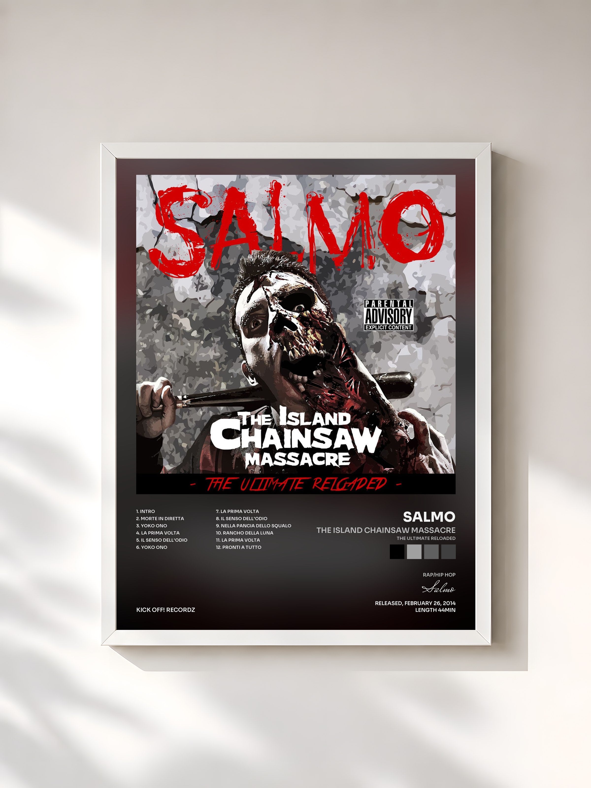 #blanc Tableau de l'album The Island Chainsaw Massacre (The Ultimate Reloaded) de Salmo, cadre blanc, imprimé et encadré en France