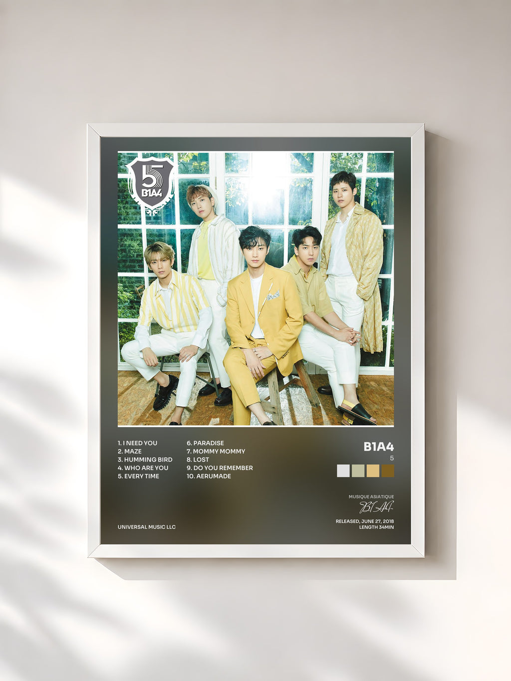 #blanc Tableau de l'album 5 de B1A4, cadre blanc, imprimé et encadré en France