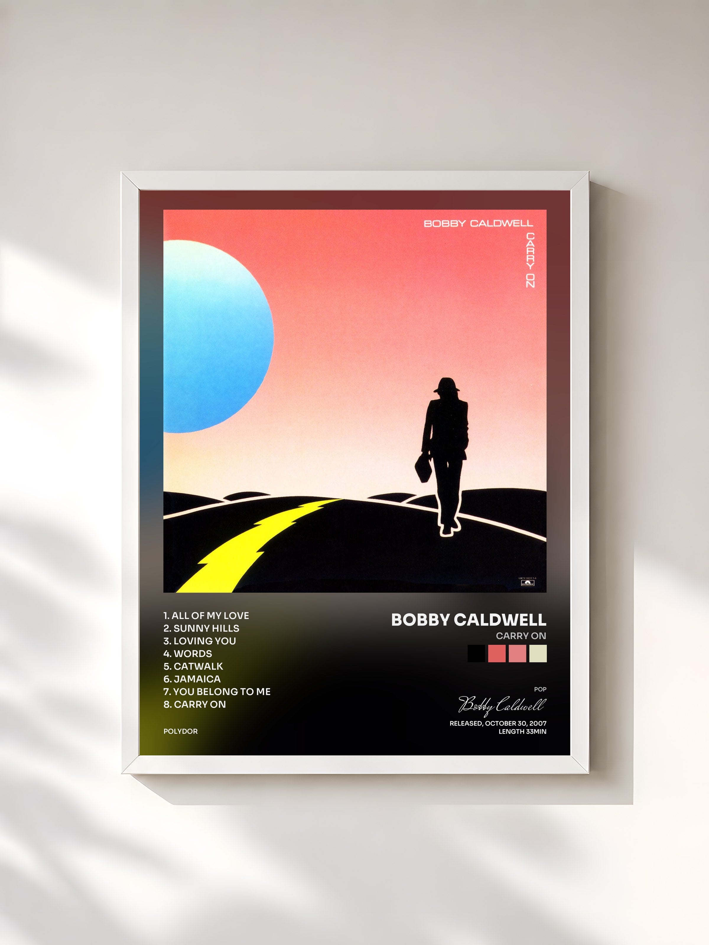 #blanc Tableau de l'album Carry On de Bobby Caldwell, cadre blanc, imprimé et encadré en France