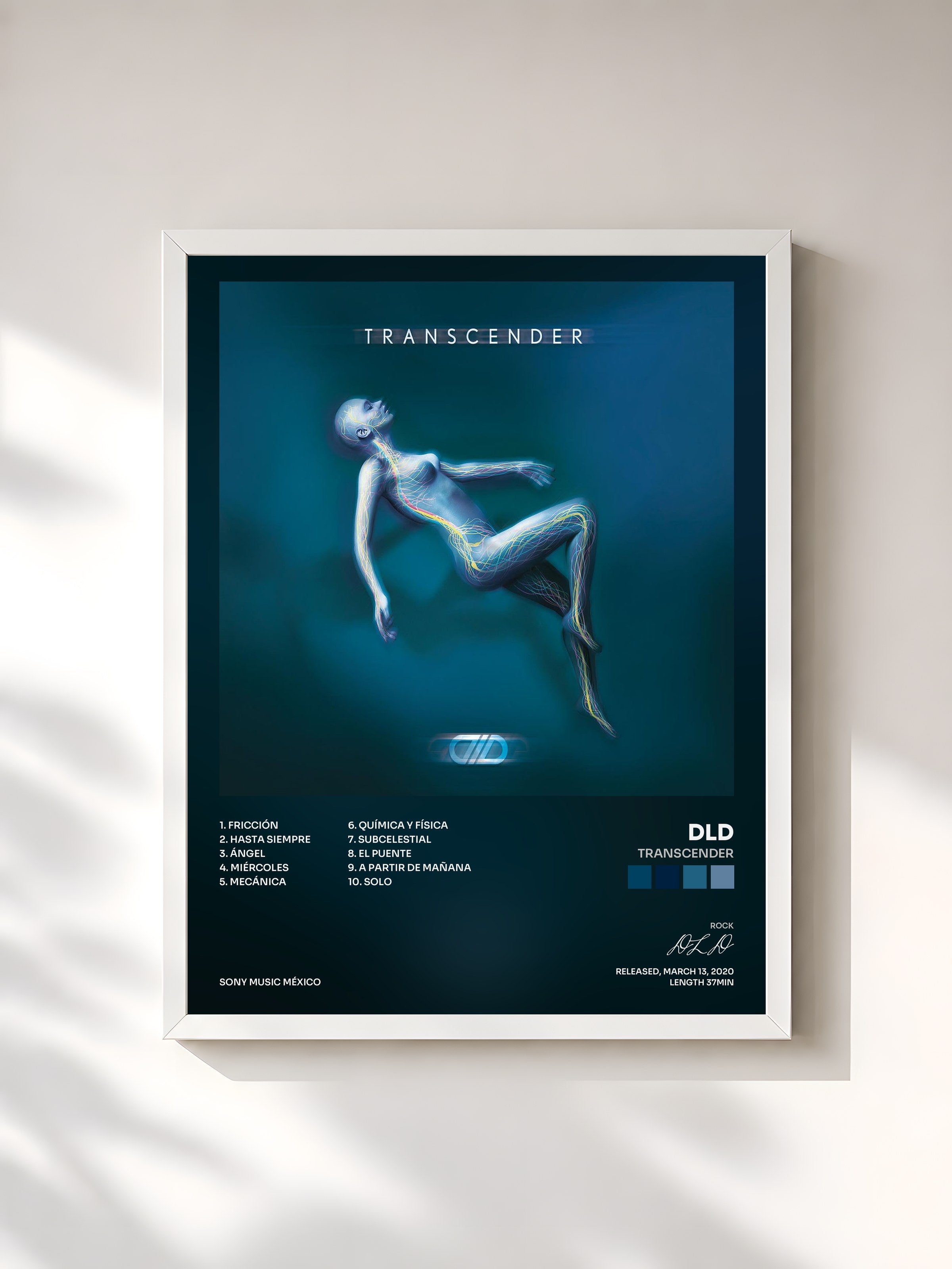 #blanc Tableau de l'album Transcender de DLD, cadre blanc, imprimé et encadré en France