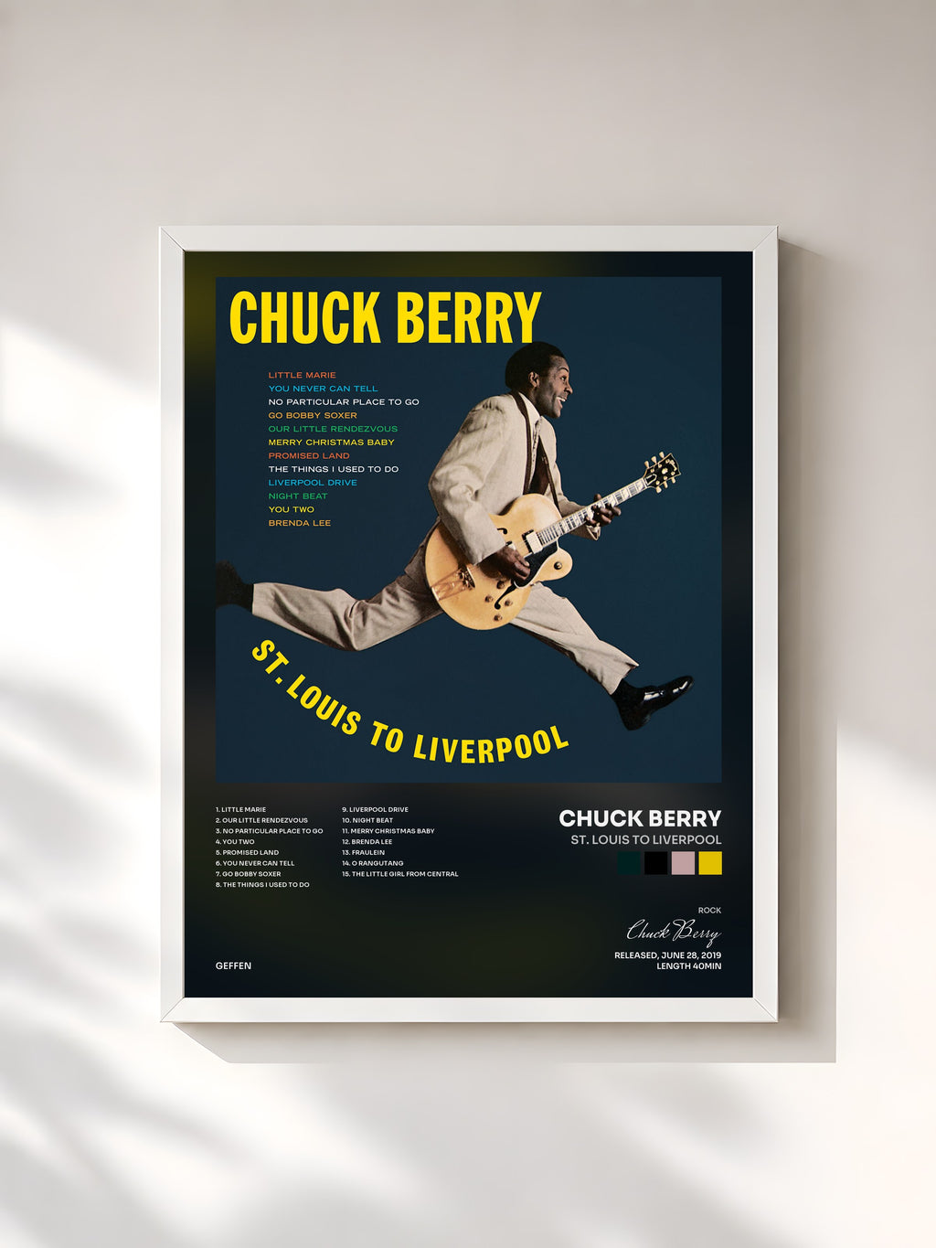 #blanc Tableau de l'album St. Louis To Liverpool de Chuck Berry, cadre blanc, imprimé et encadré en France