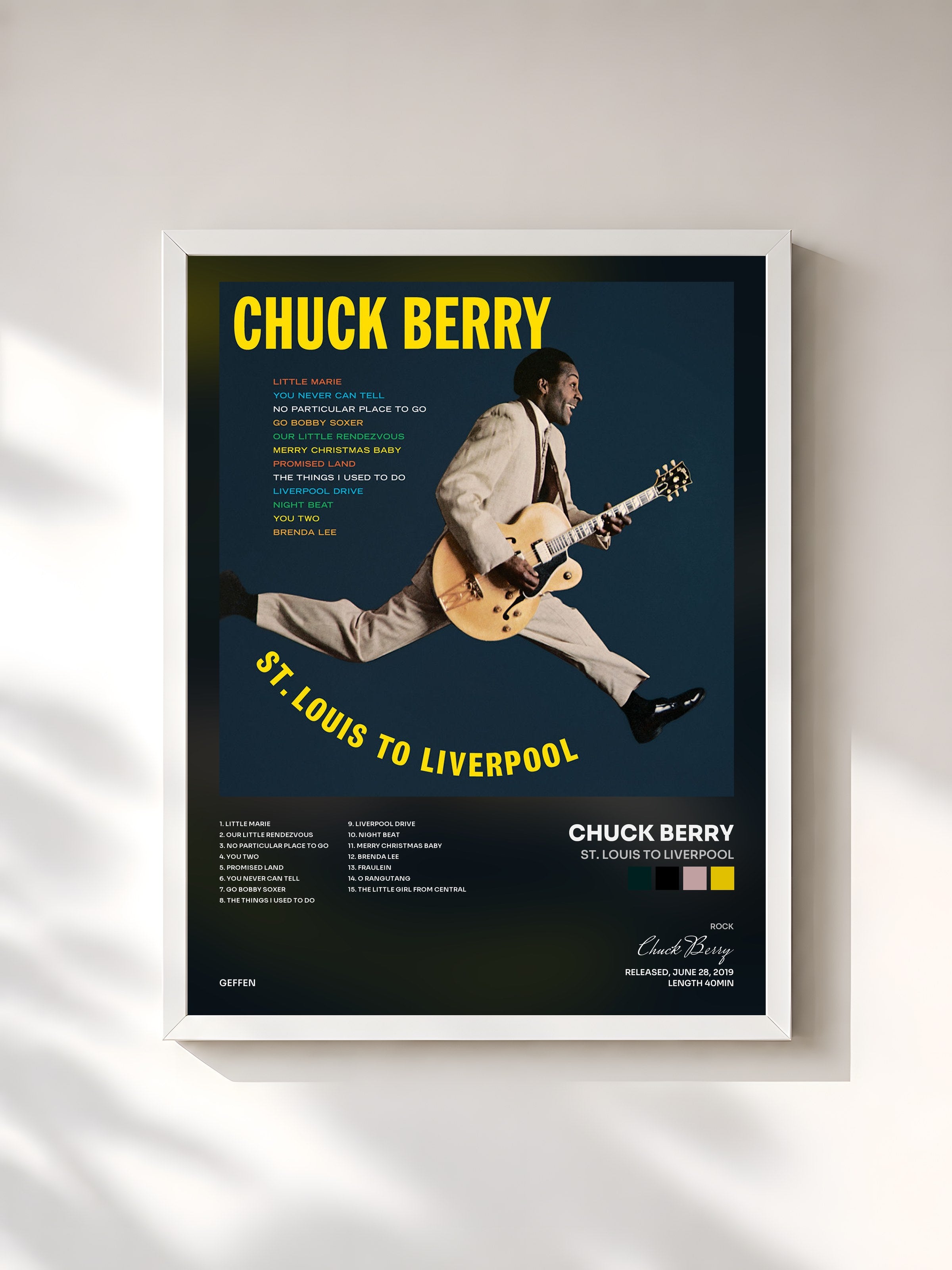 #blanc Tableau de l'album St. Louis To Liverpool de Chuck Berry, cadre blanc, imprimé et encadré en France