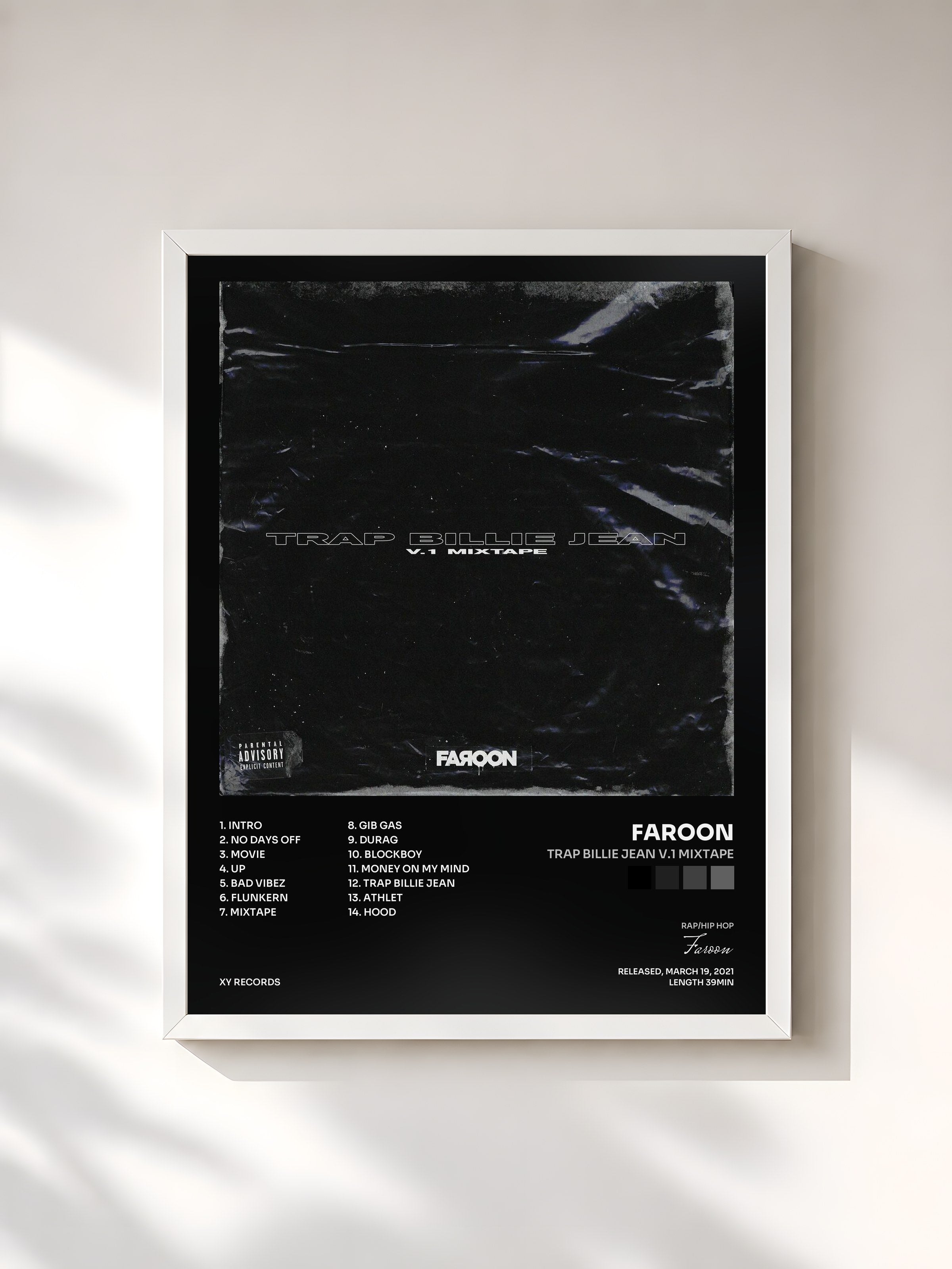 #blanc Tableau de l'album Trap Billie Jean V.1 Mixtape de Faroon, cadre blanc, imprimé et encadré en France