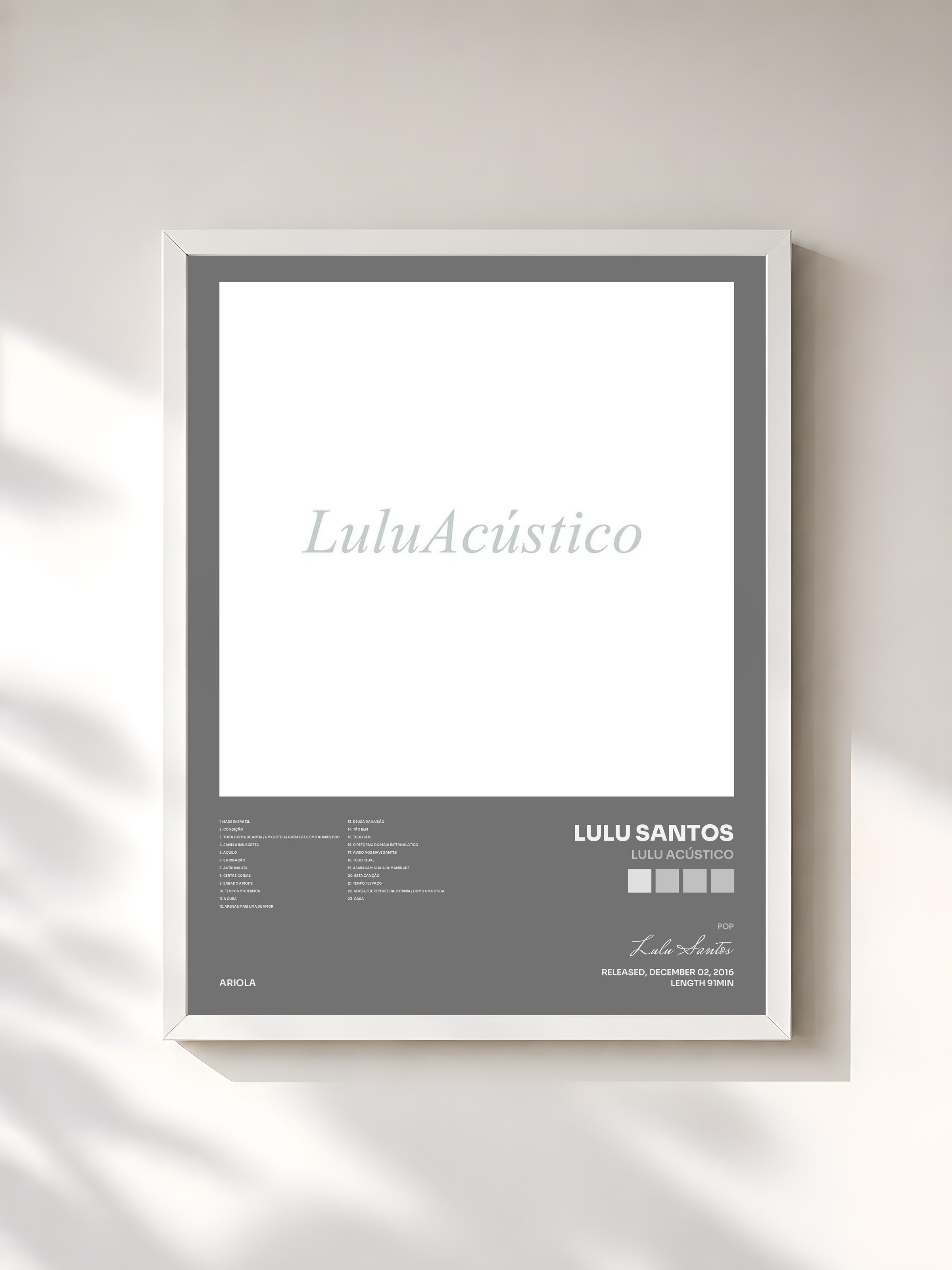 #blanc Tableau de l'album Lulu Acústico de Lulu Santos, cadre blanc, imprimé et encadré en France