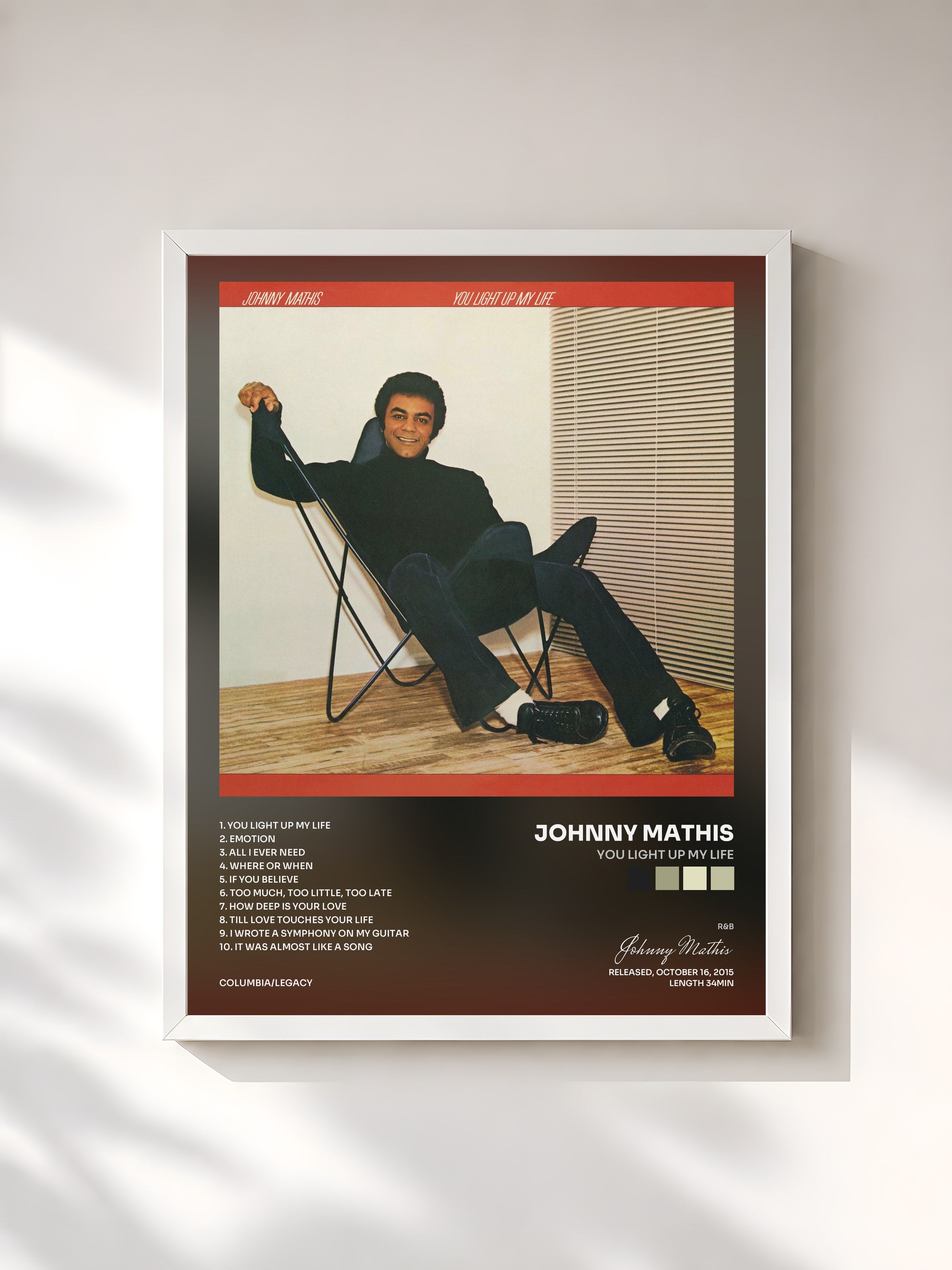 #blanc Tableau de l'album You Light Up My Life de Johnny Mathis, cadre blanc, imprimé et encadré en France