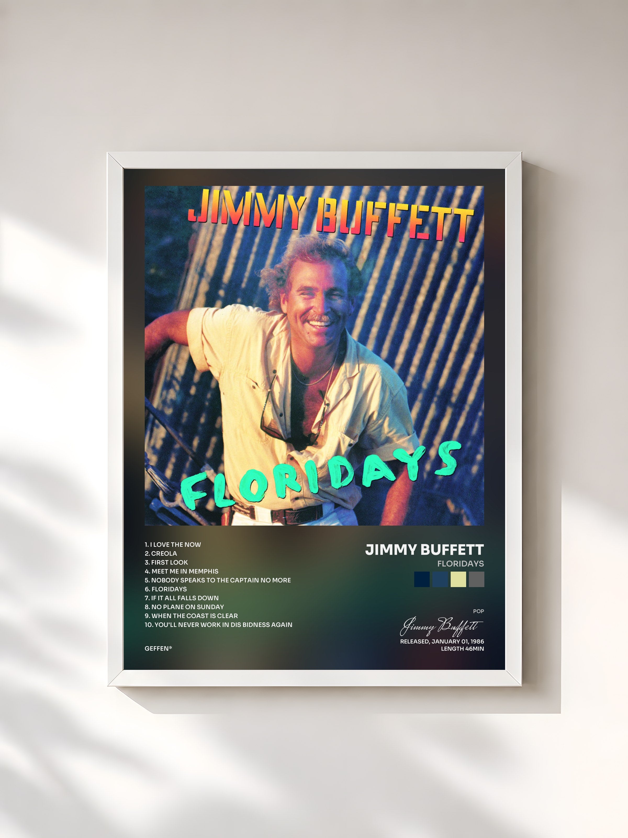 #blanc Tableau de l'album Floridays de Jimmy Buffett, cadre blanc, imprimé et encadré en France