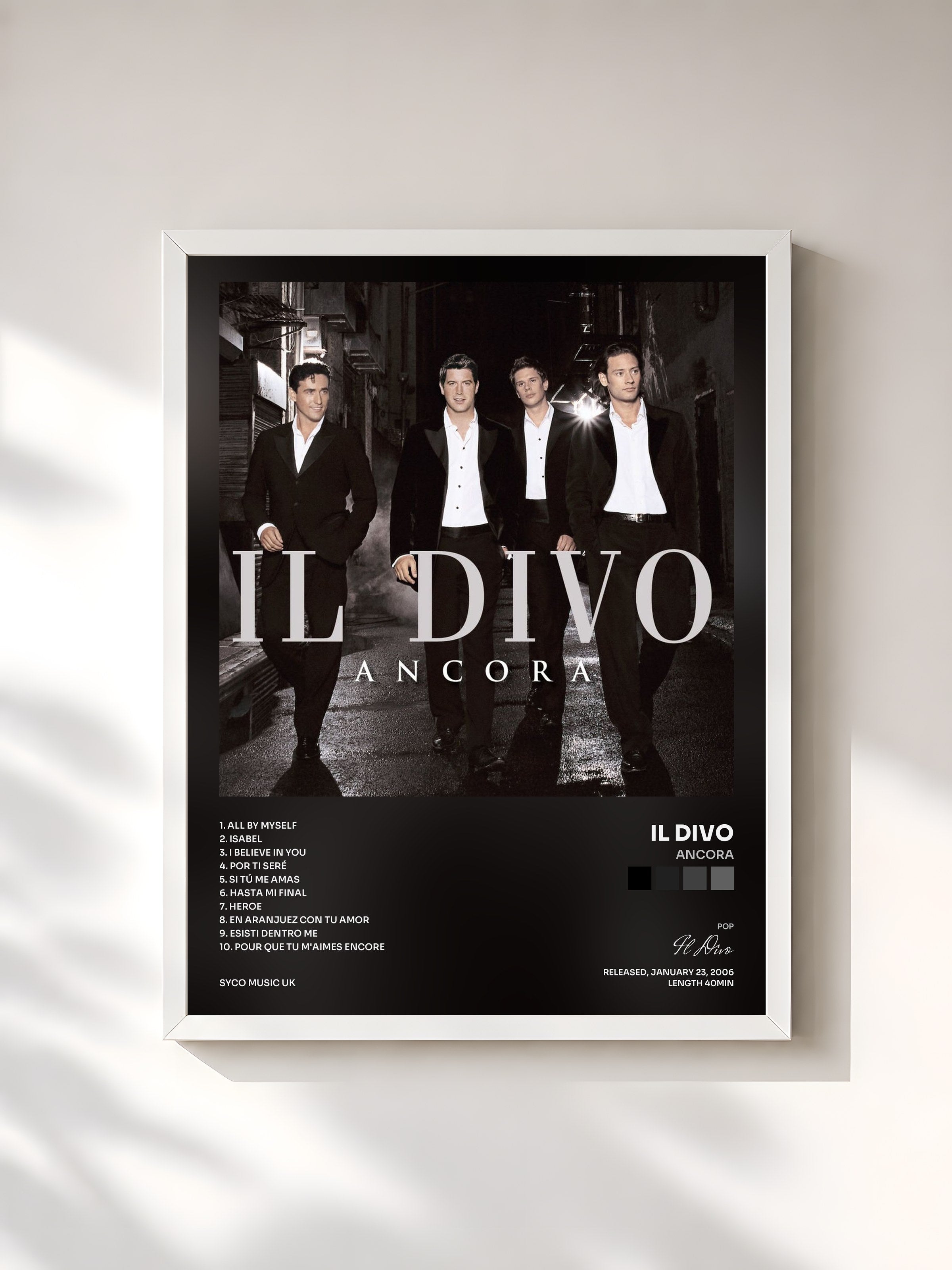 #blanc Tableau de l'album Ancora de Il Divo, cadre blanc, imprimé et encadré en France