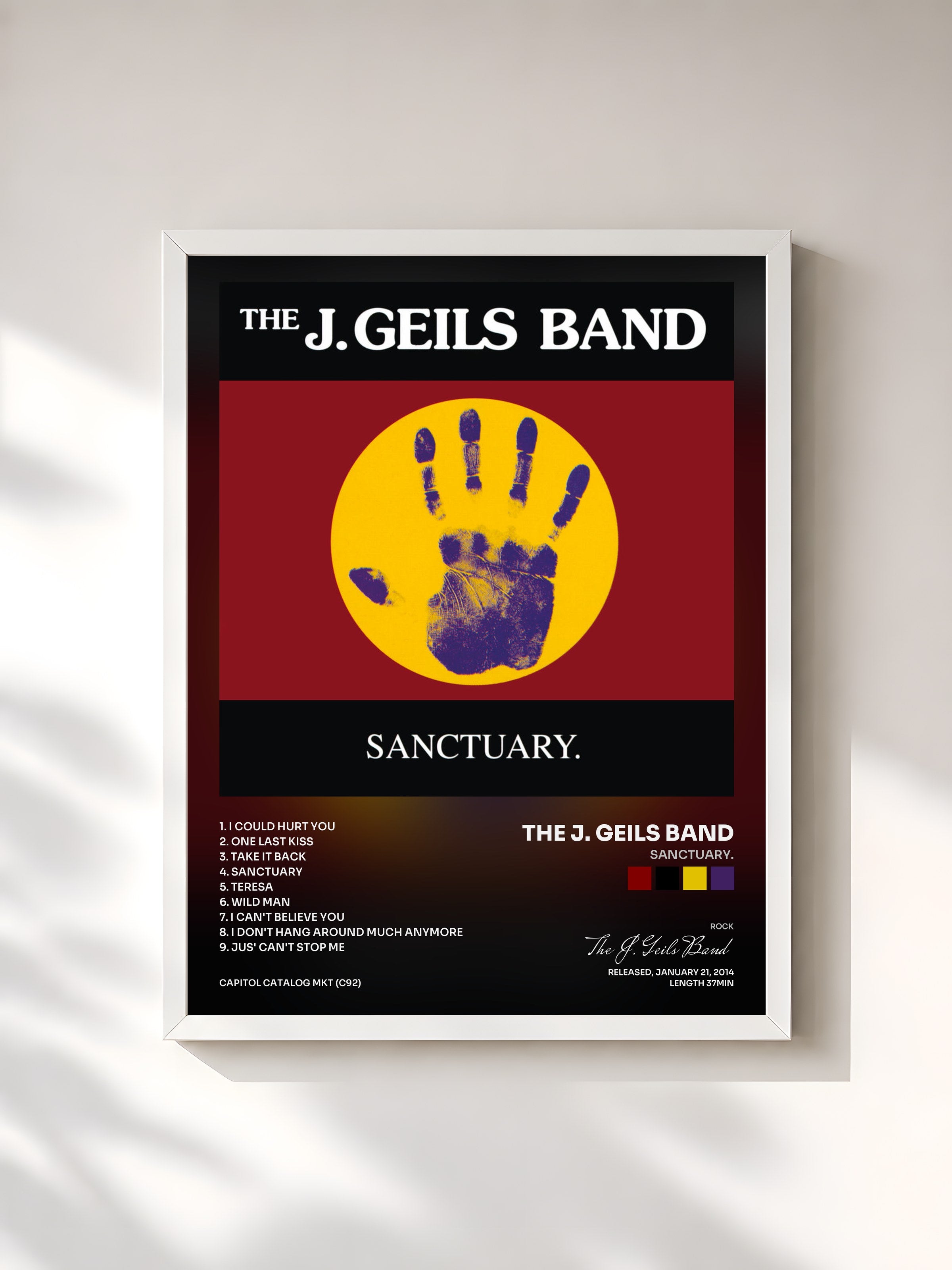 #blanc Tableau de l'album Sanctuary. de The J. Geils Band, cadre blanc, imprimé et encadré en France
