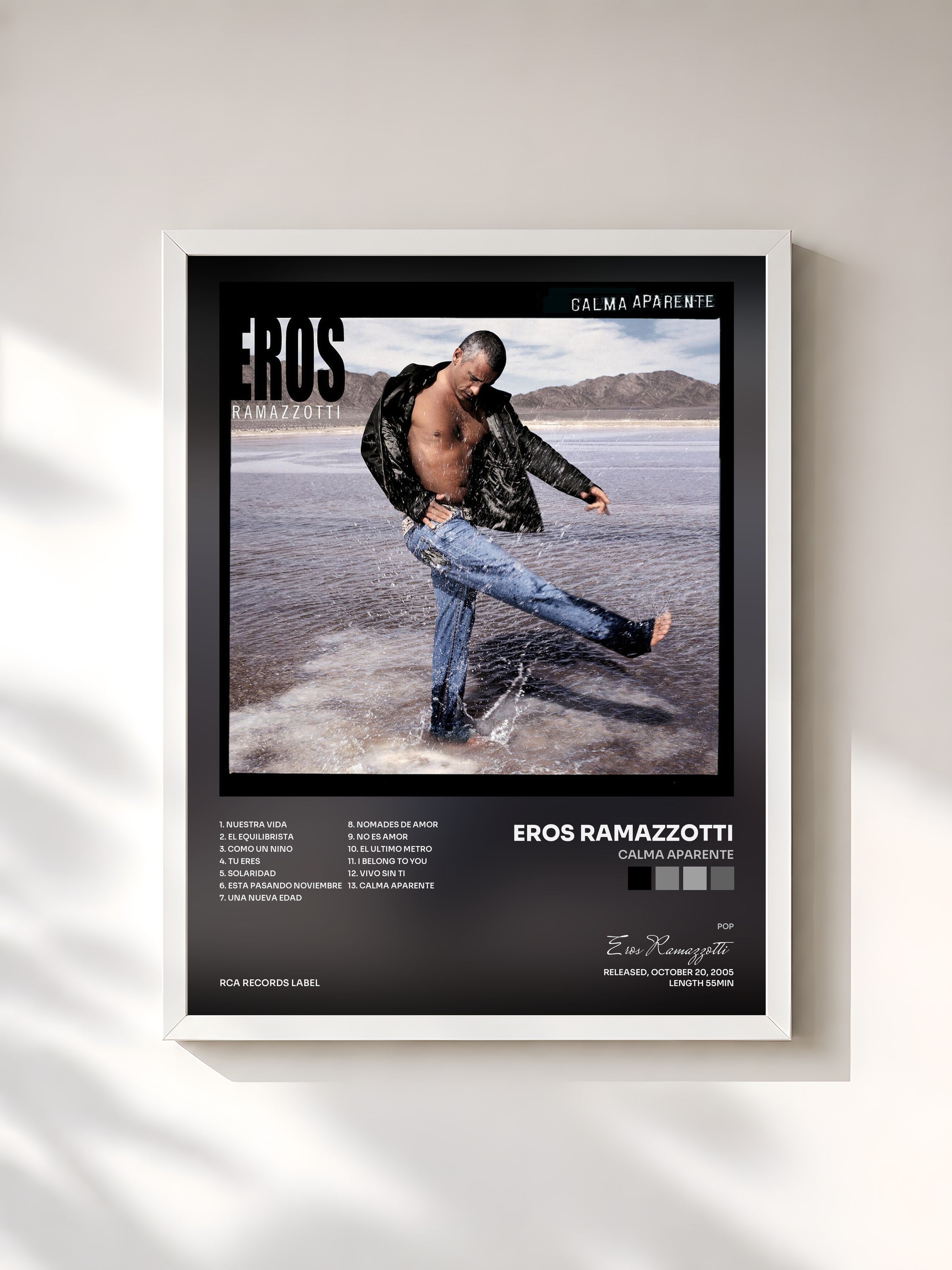 #blanc Tableau de l'album Calma Aparente de Eros Ramazzotti, cadre blanc, imprimé et encadré en France