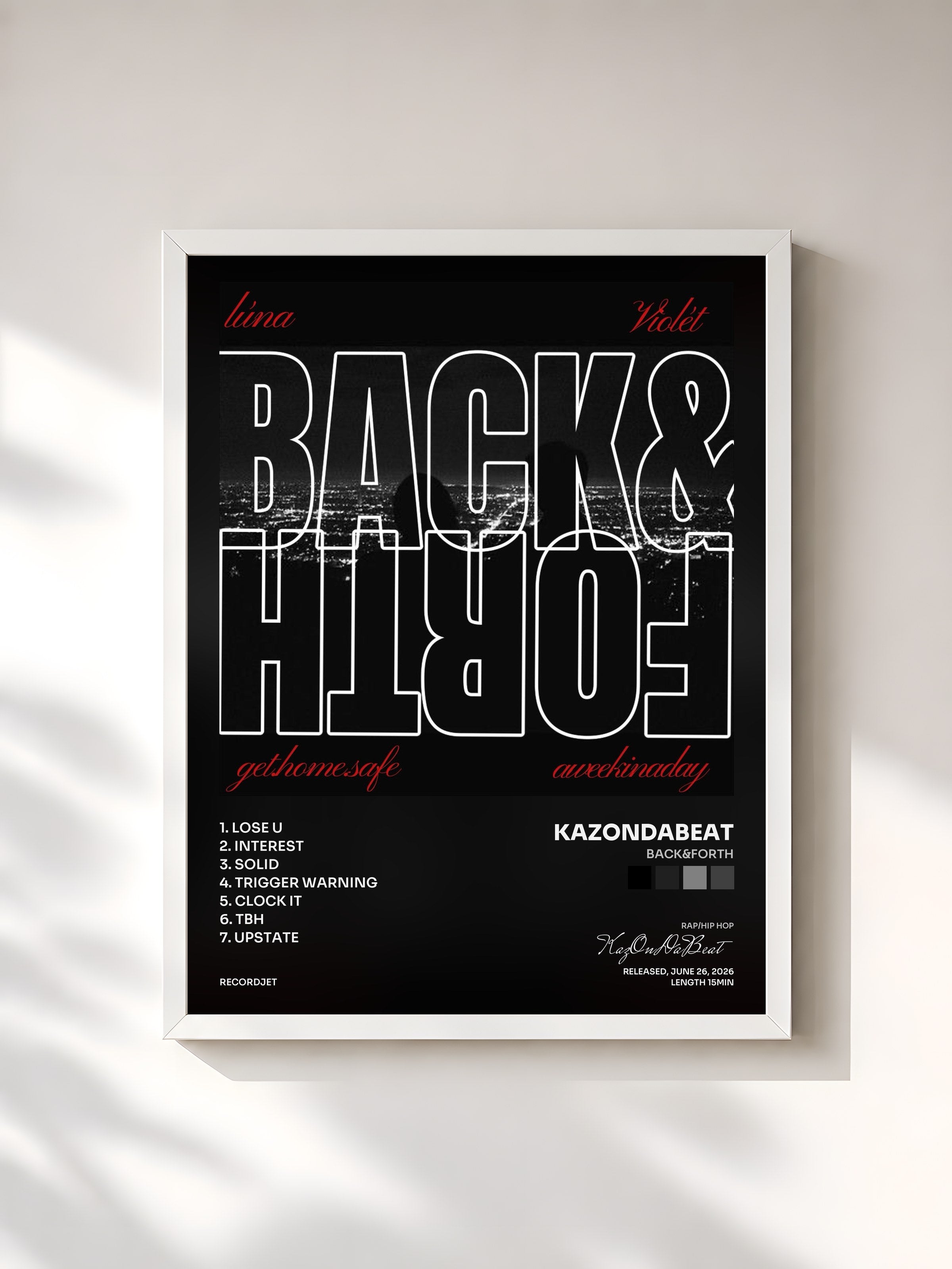 #blanc Tableau de l'album BACK&FORTH de KazOnDaBeat, cadre blanc, imprimé et encadré en France