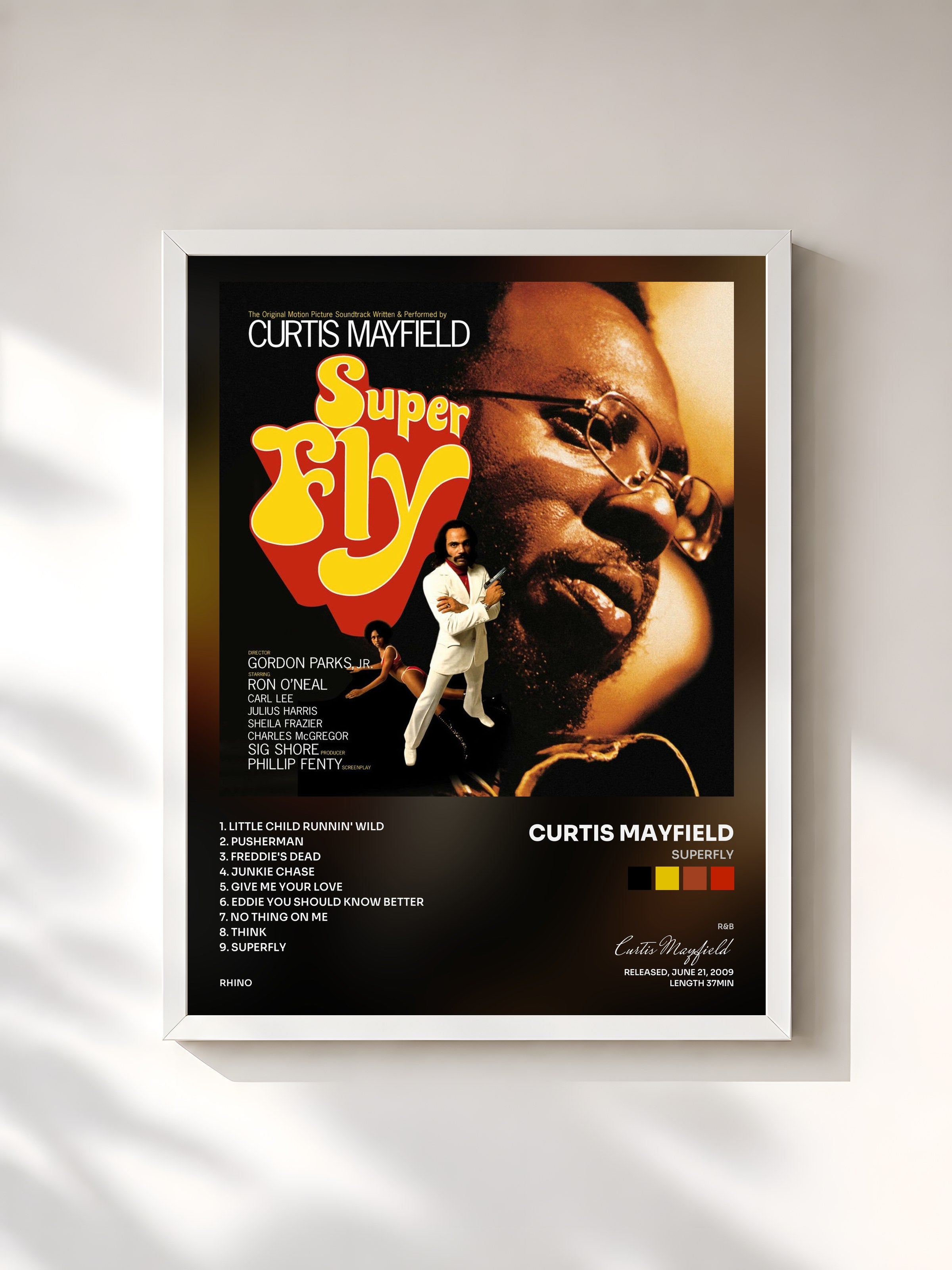 #blanc Tableau de l'album Superfly de Curtis Mayfield, cadre blanc, imprimé et encadré en France