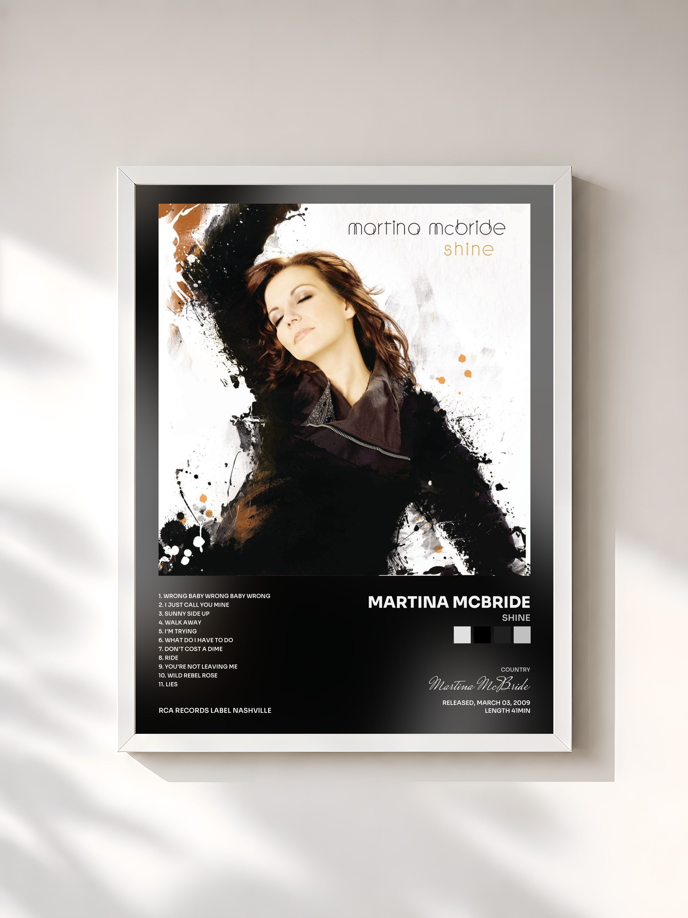#blanc Tableau de l'album Shine de Martina McBride, cadre blanc, imprimé et encadré en France