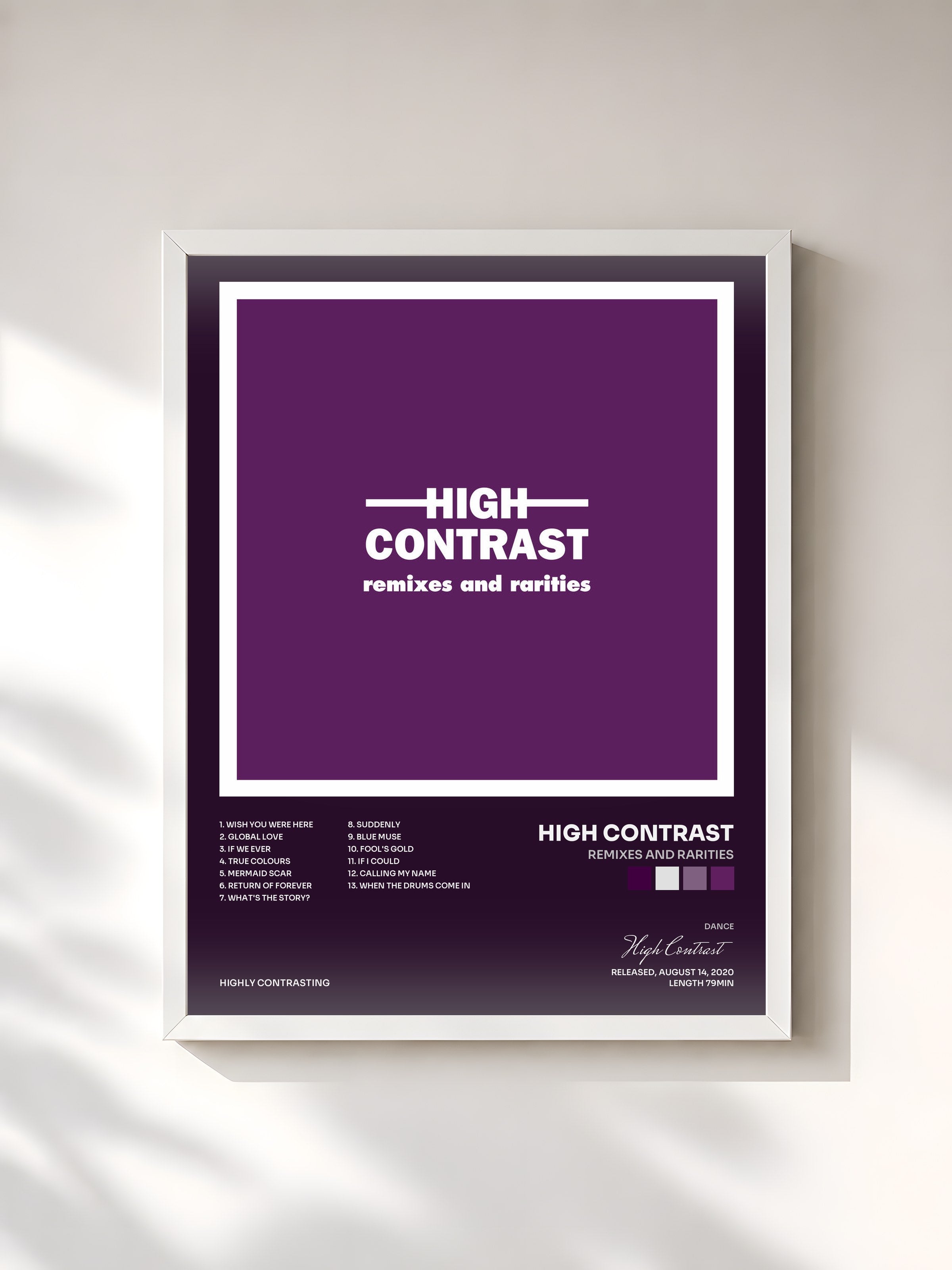 #blanc Tableau de l'album Remixes and Rarities de High Contrast, cadre blanc, imprimé et encadré en France