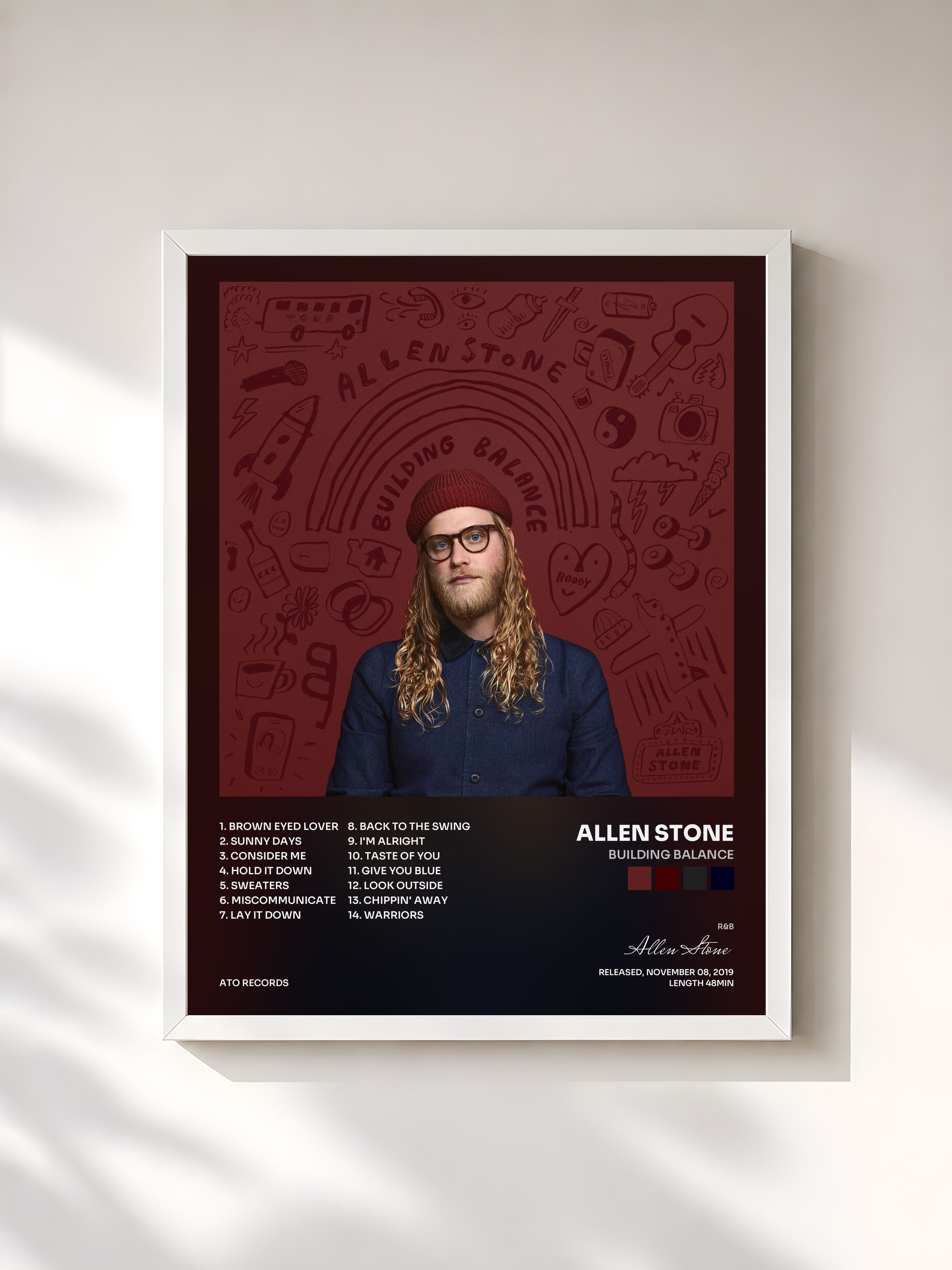 #blanc Tableau de l'album Building Balance de Allen Stone, cadre blanc, imprimé et encadré en France