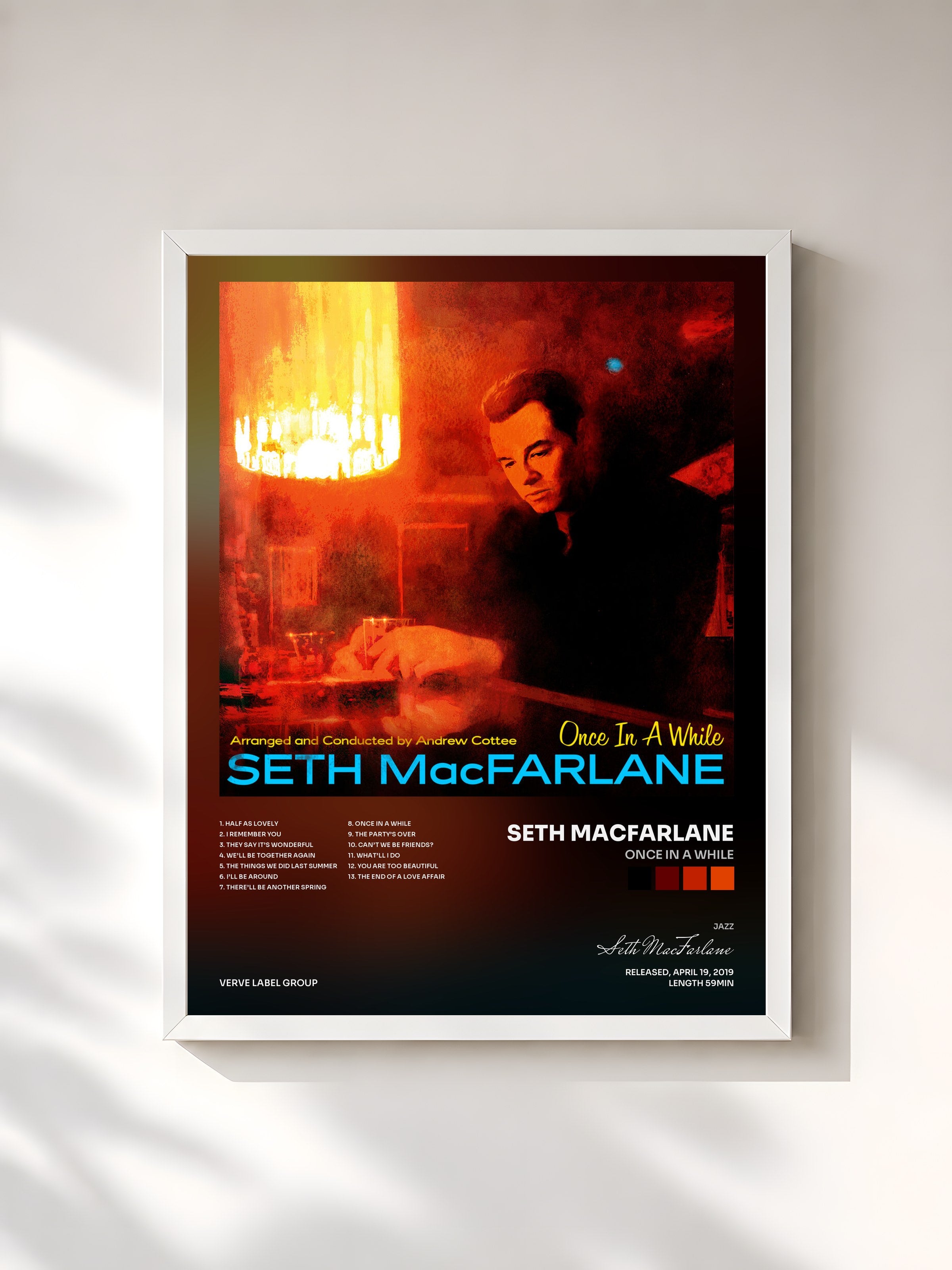 #blanc Tableau de l'album Once In A While de Seth MacFarlane, cadre blanc, imprimé et encadré en France