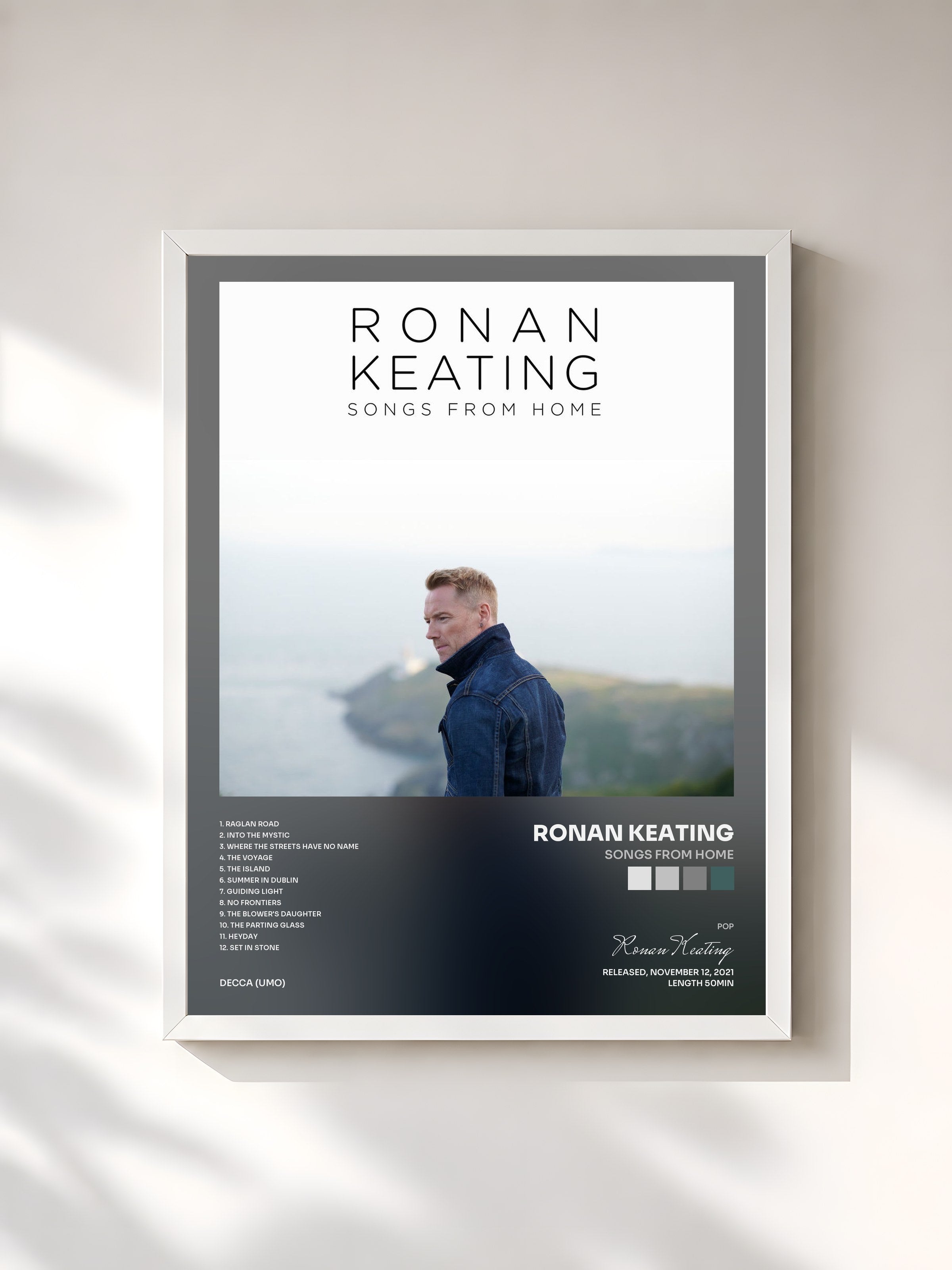 #blanc Tableau de l'album Songs From Home de Ronan Keating, cadre blanc, imprimé et encadré en France