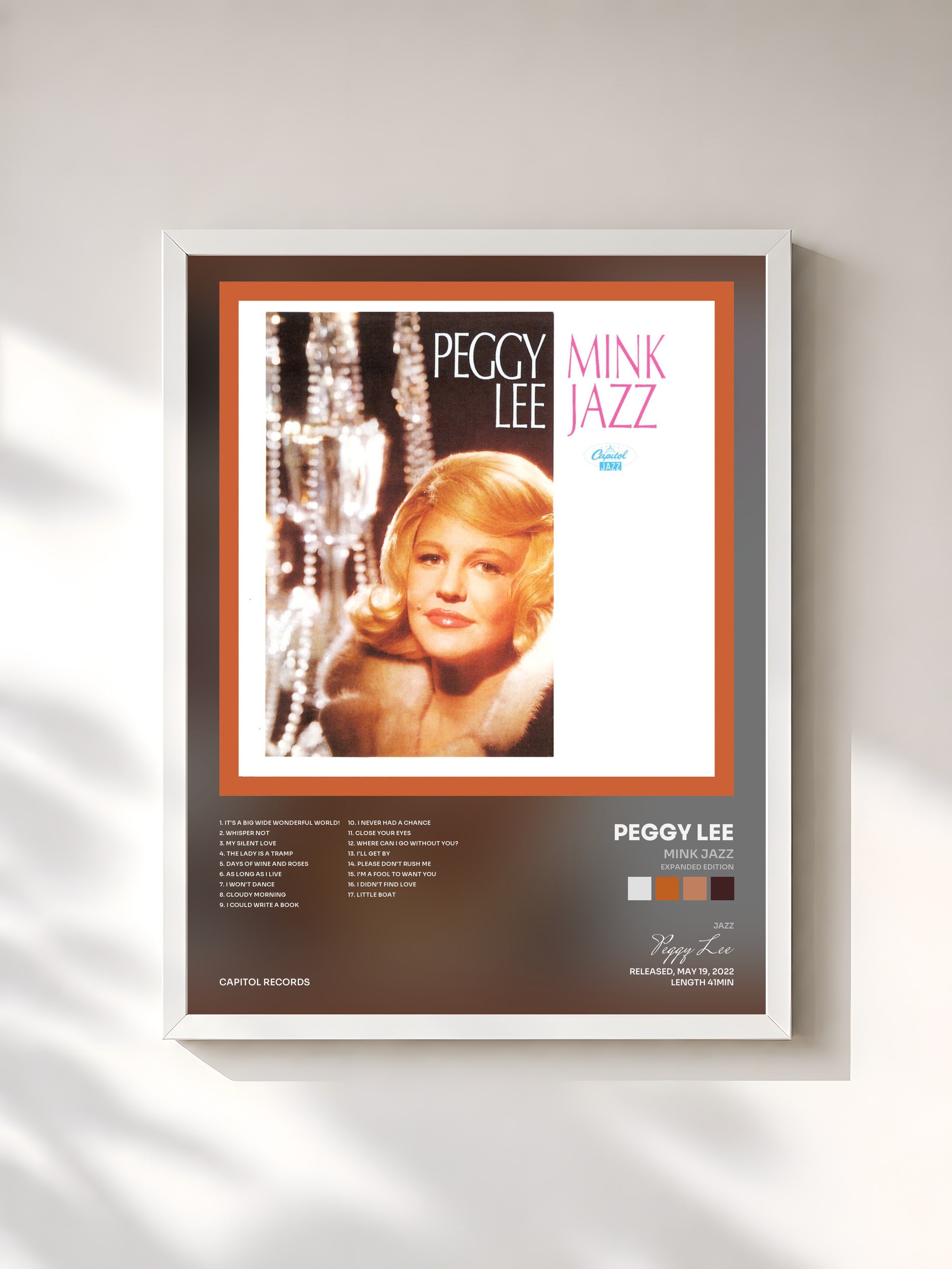 #blanc Tableau de l'album Mink Jazz (Expanded Edition) de Peggy Lee, cadre blanc, imprimé et encadré en France