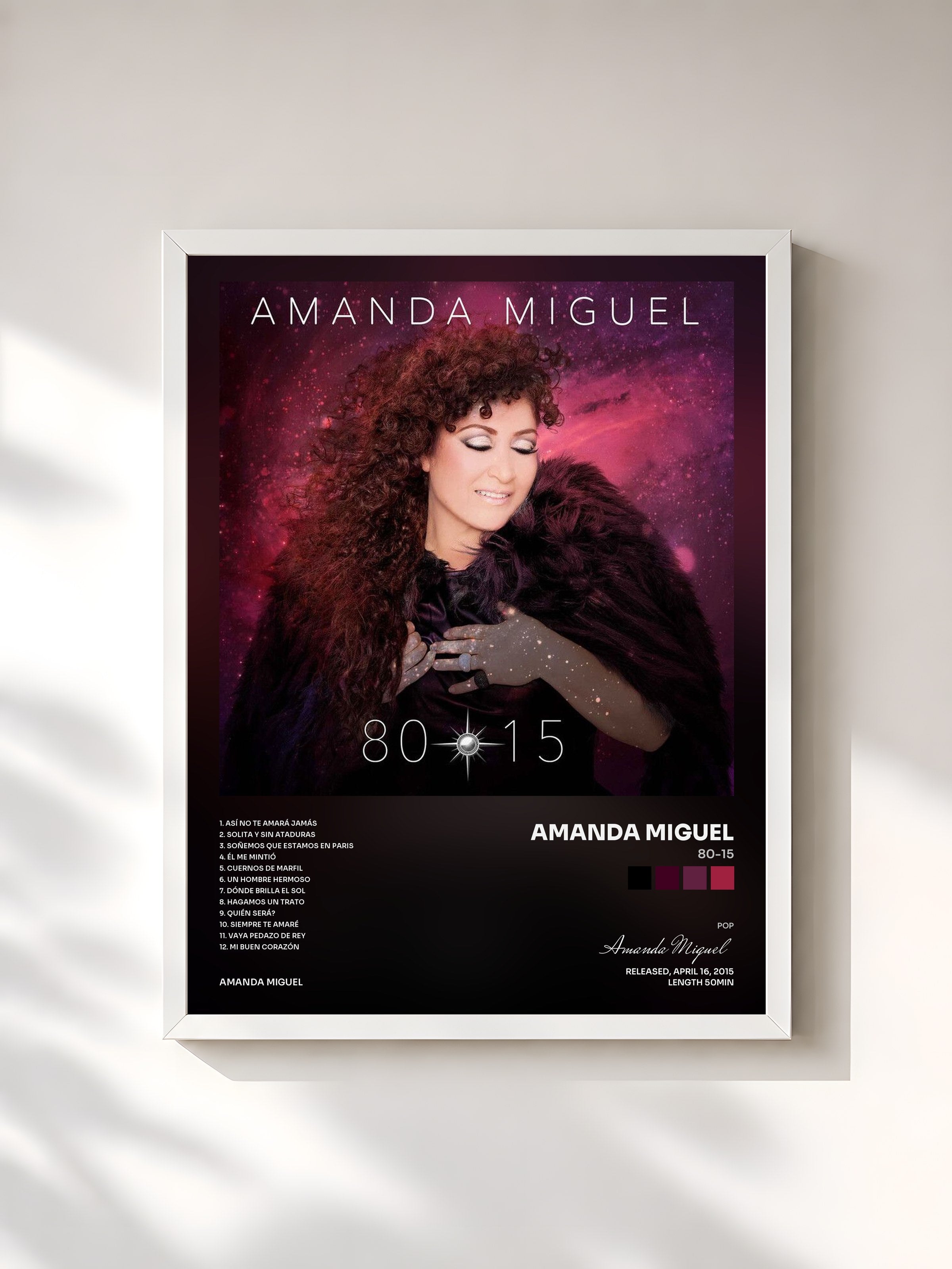#blanc Tableau de l'album 80-15 de Amanda Miguel, cadre blanc, imprimé et encadré en France