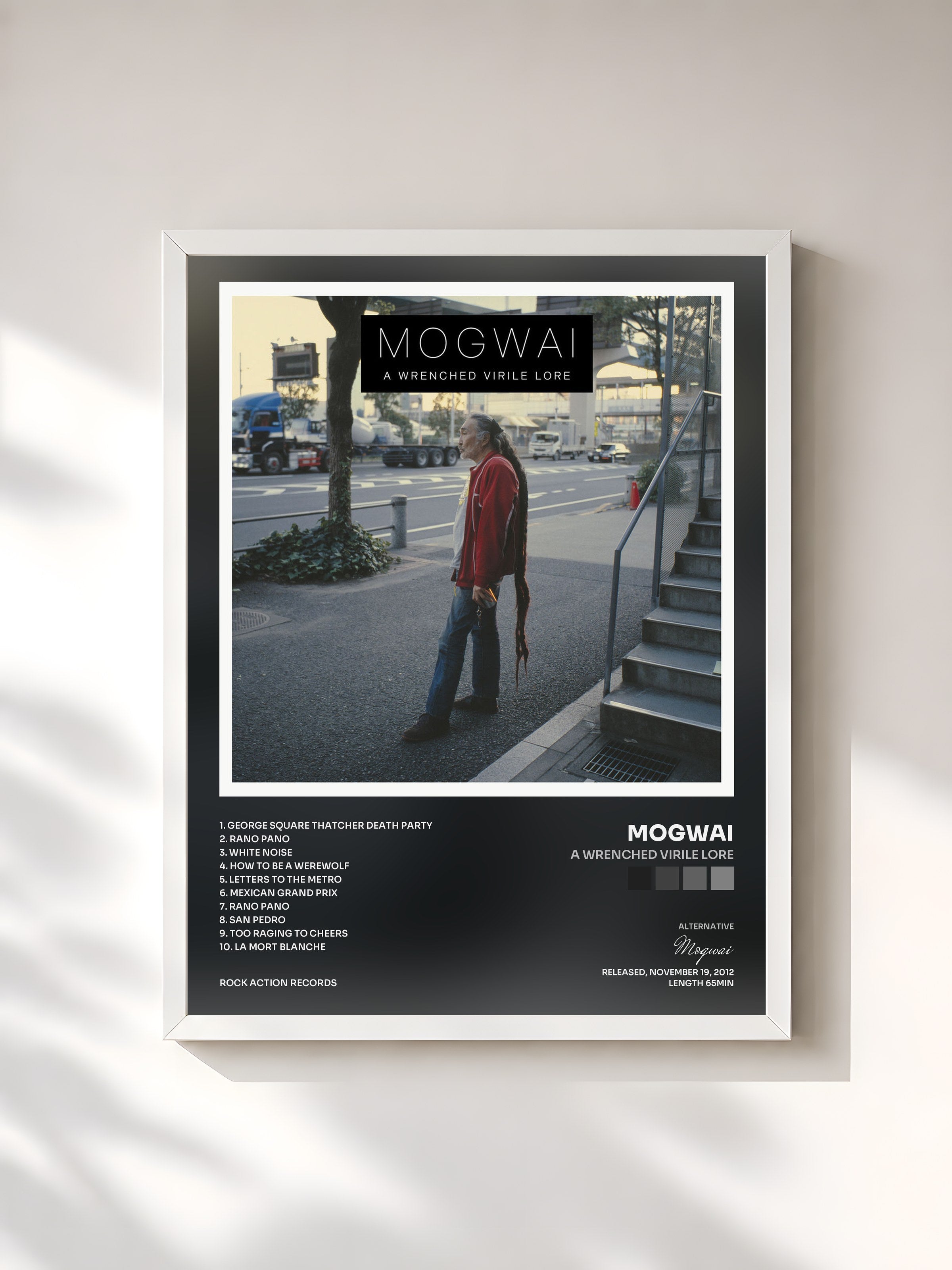 #blanc Tableau de l'album A Wrenched Virile Lore de Mogwai, cadre blanc, imprimé et encadré en France