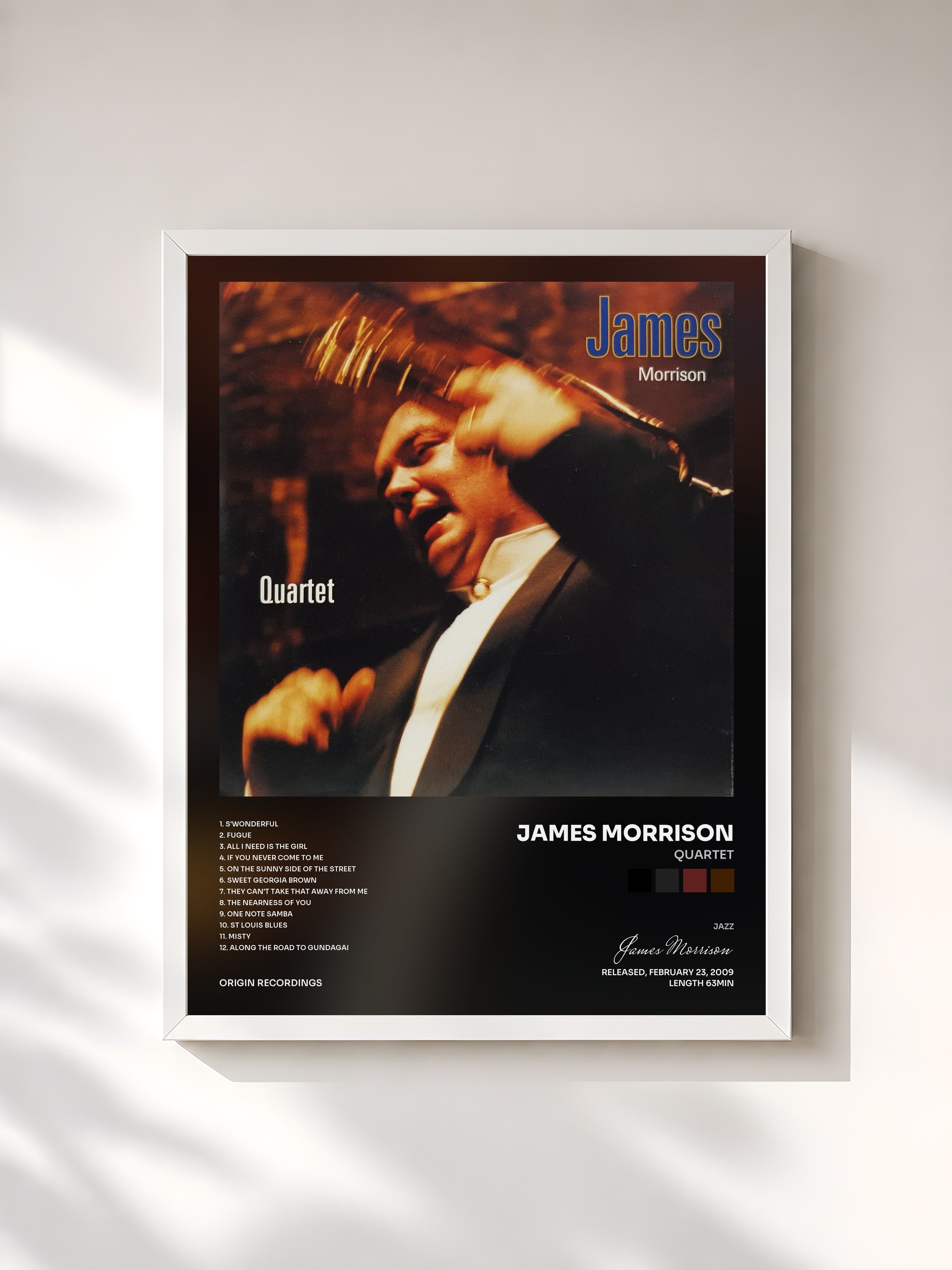 #blanc Tableau de l'album Quartet de James Morrison, cadre blanc, imprimé et encadré en France