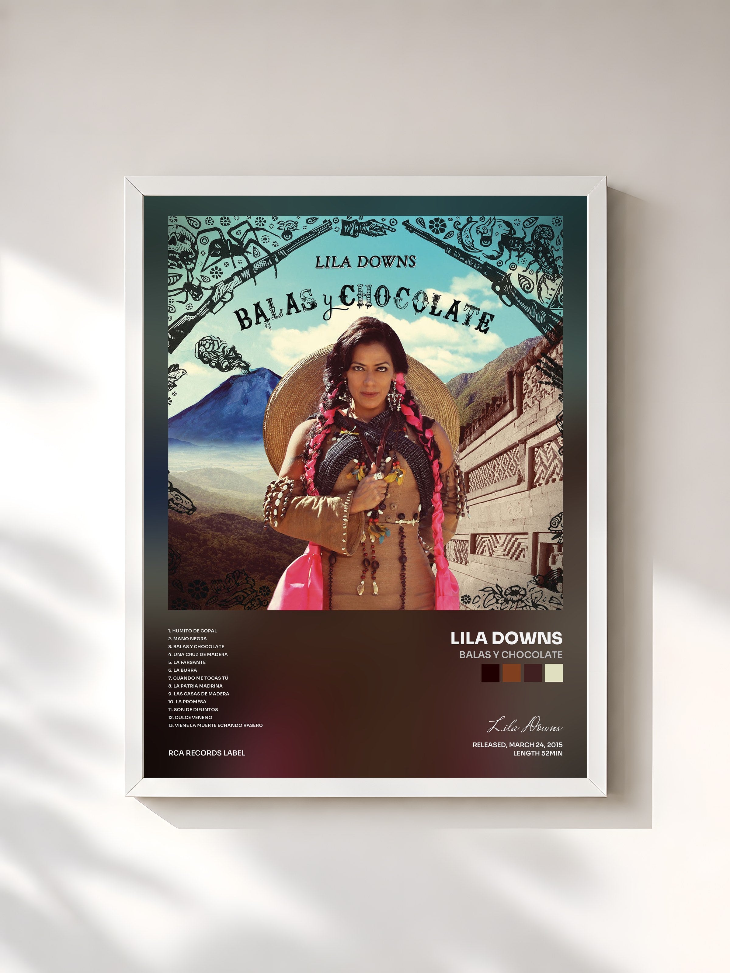 #blanc Tableau de l'album Balas y Chocolate de Lila Downs, cadre blanc, imprimé et encadré en France