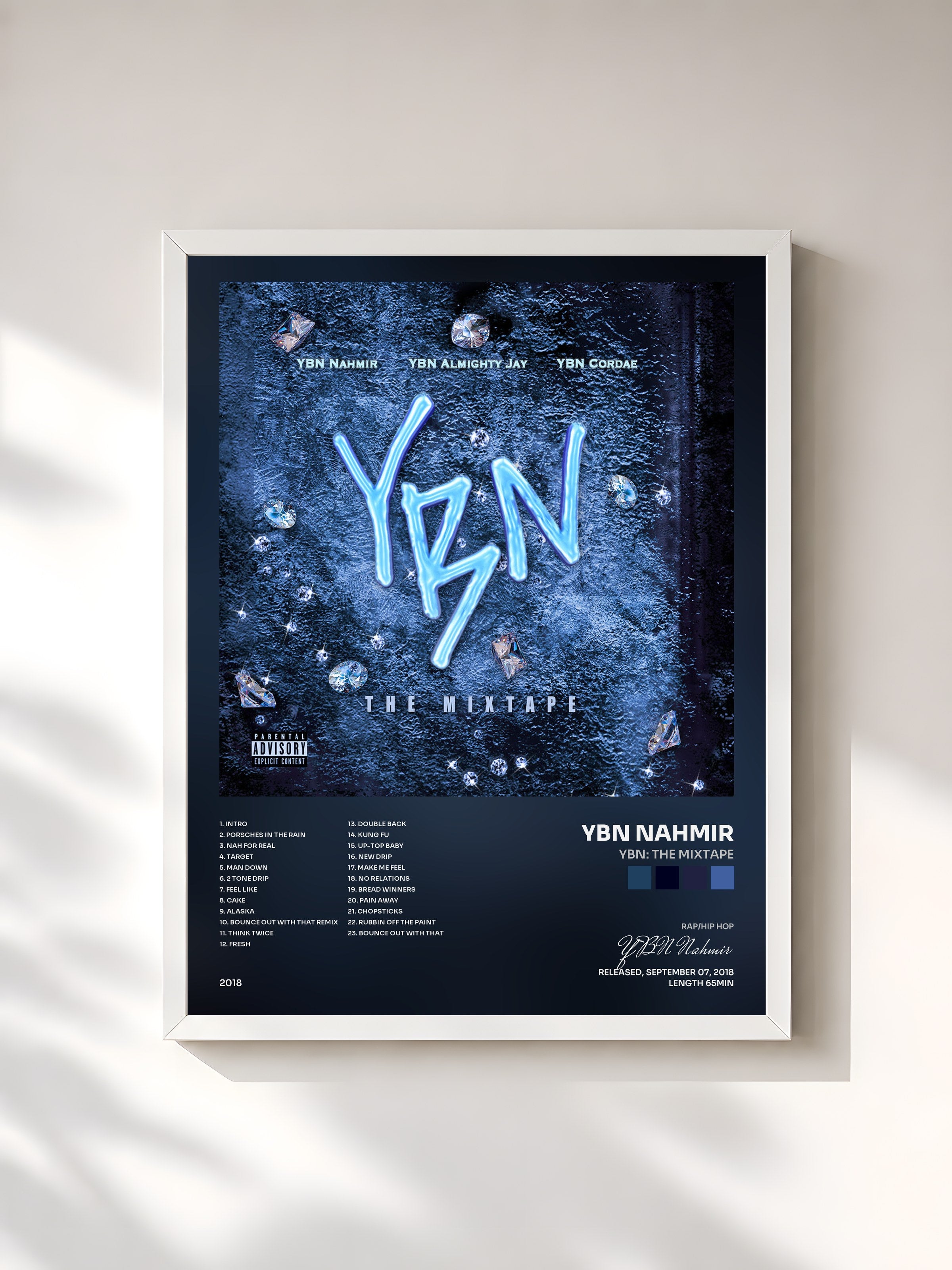 #blanc Tableau de l'album YBN: The Mixtape de YBN Nahmir, cadre blanc, imprimé et encadré en France