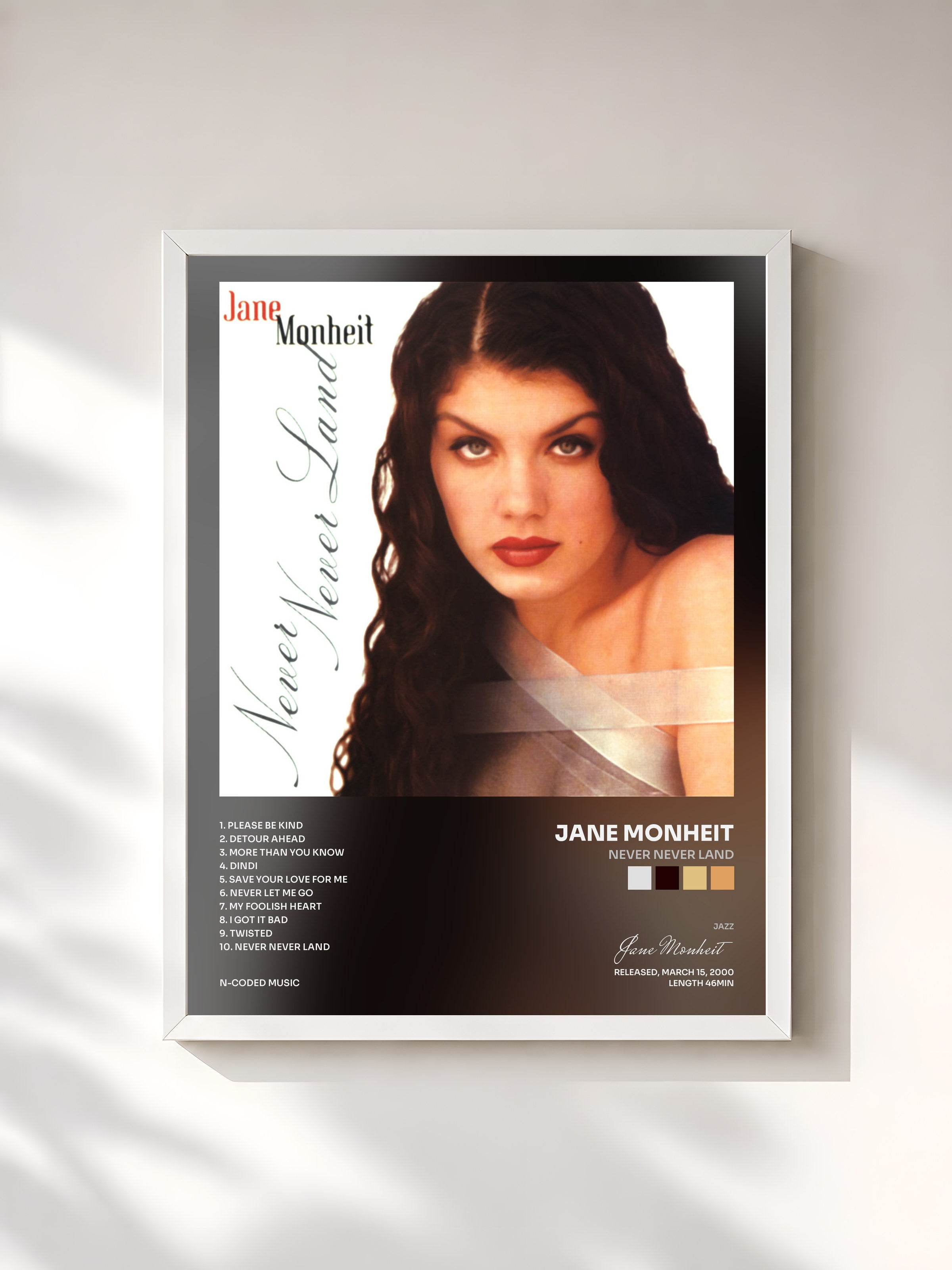 #blanc Tableau de l'album Never Never Land de Jane Monheit, cadre blanc, imprimé et encadré en France