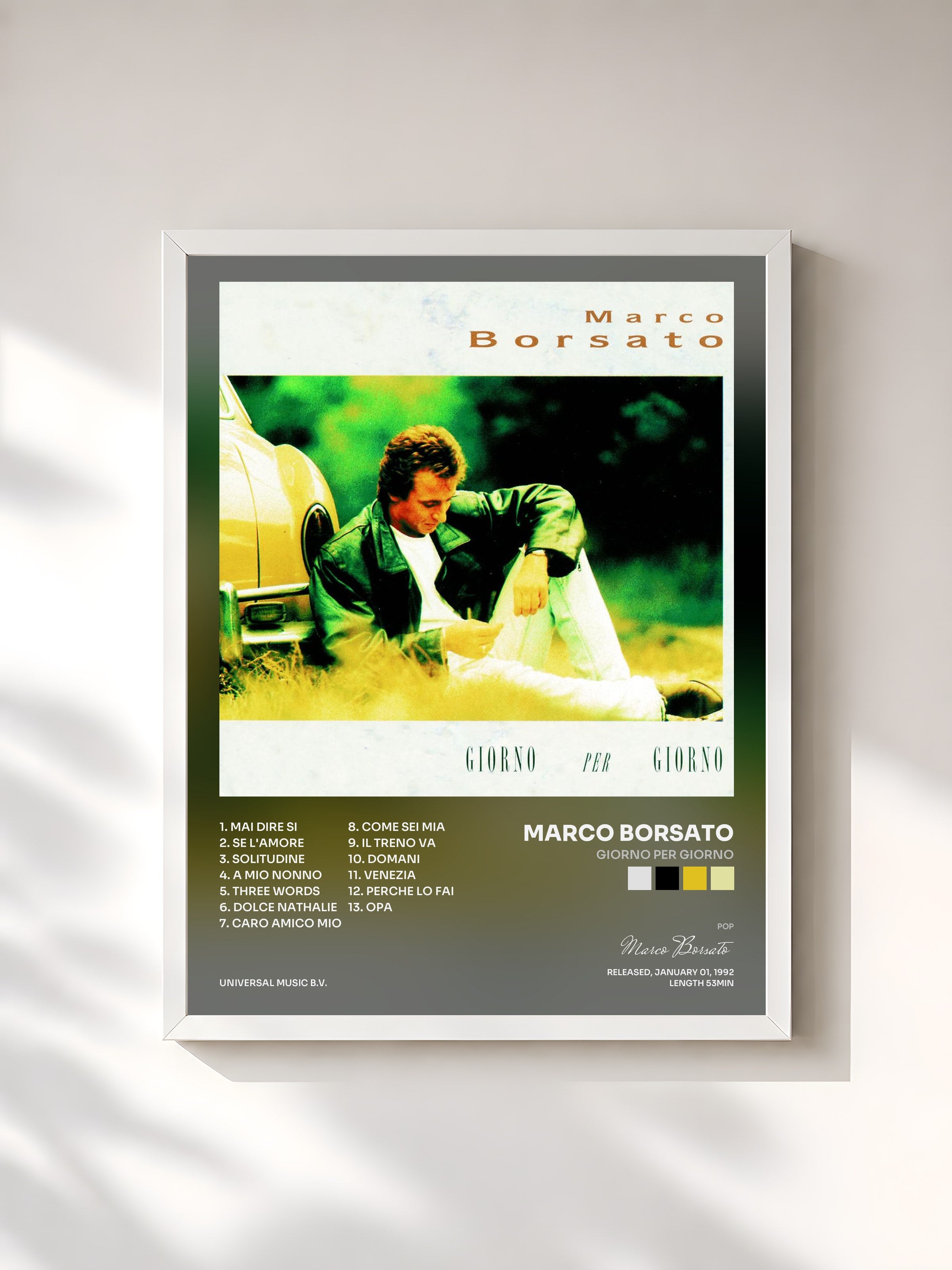 #blanc Tableau de l'album Giorno Per Giorno de Marco Borsato, cadre blanc, imprimé et encadré en France