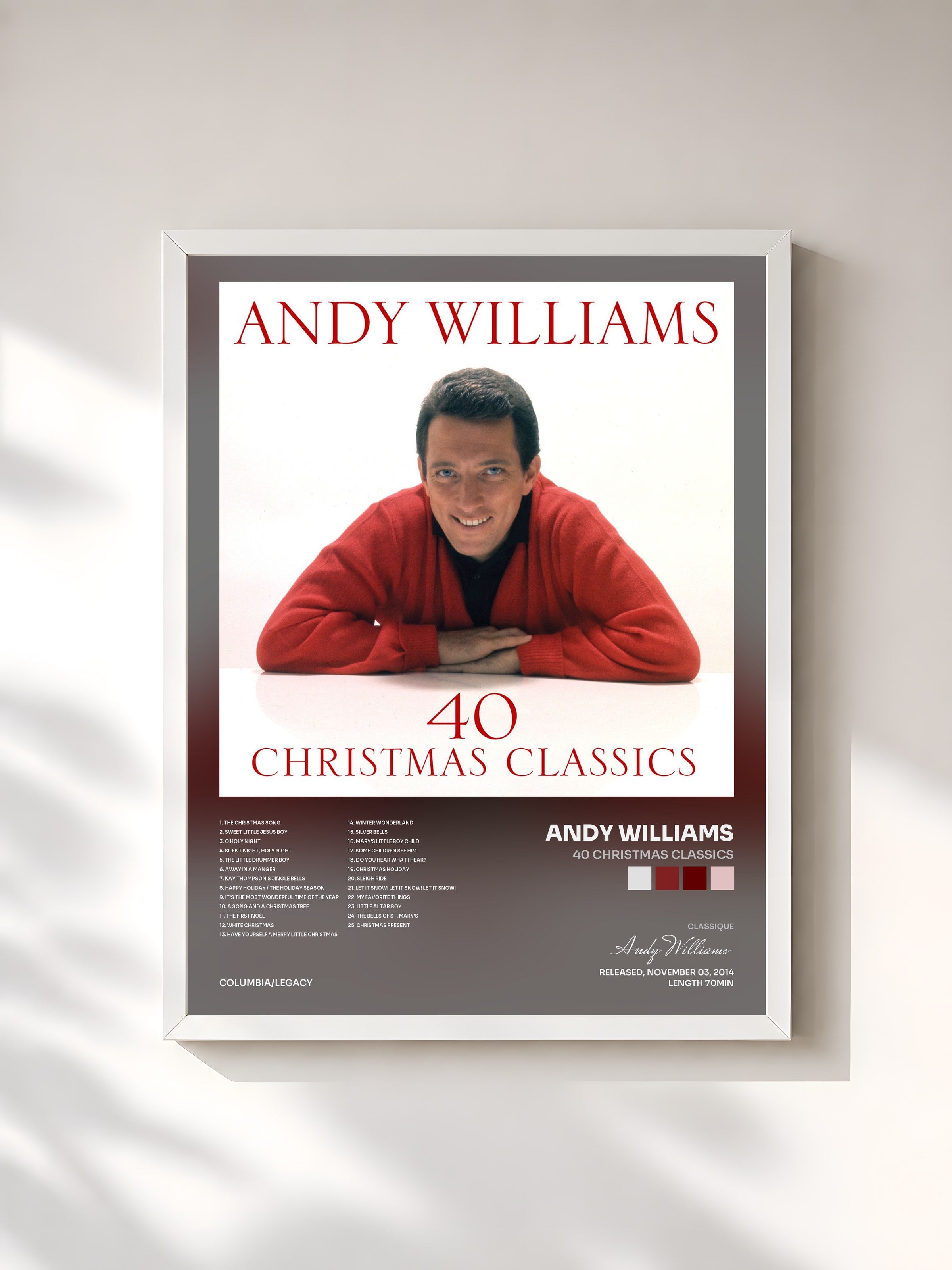 #blanc Tableau de l'album 40 Christmas Classics de Andy Williams, cadre blanc, imprimé et encadré en France