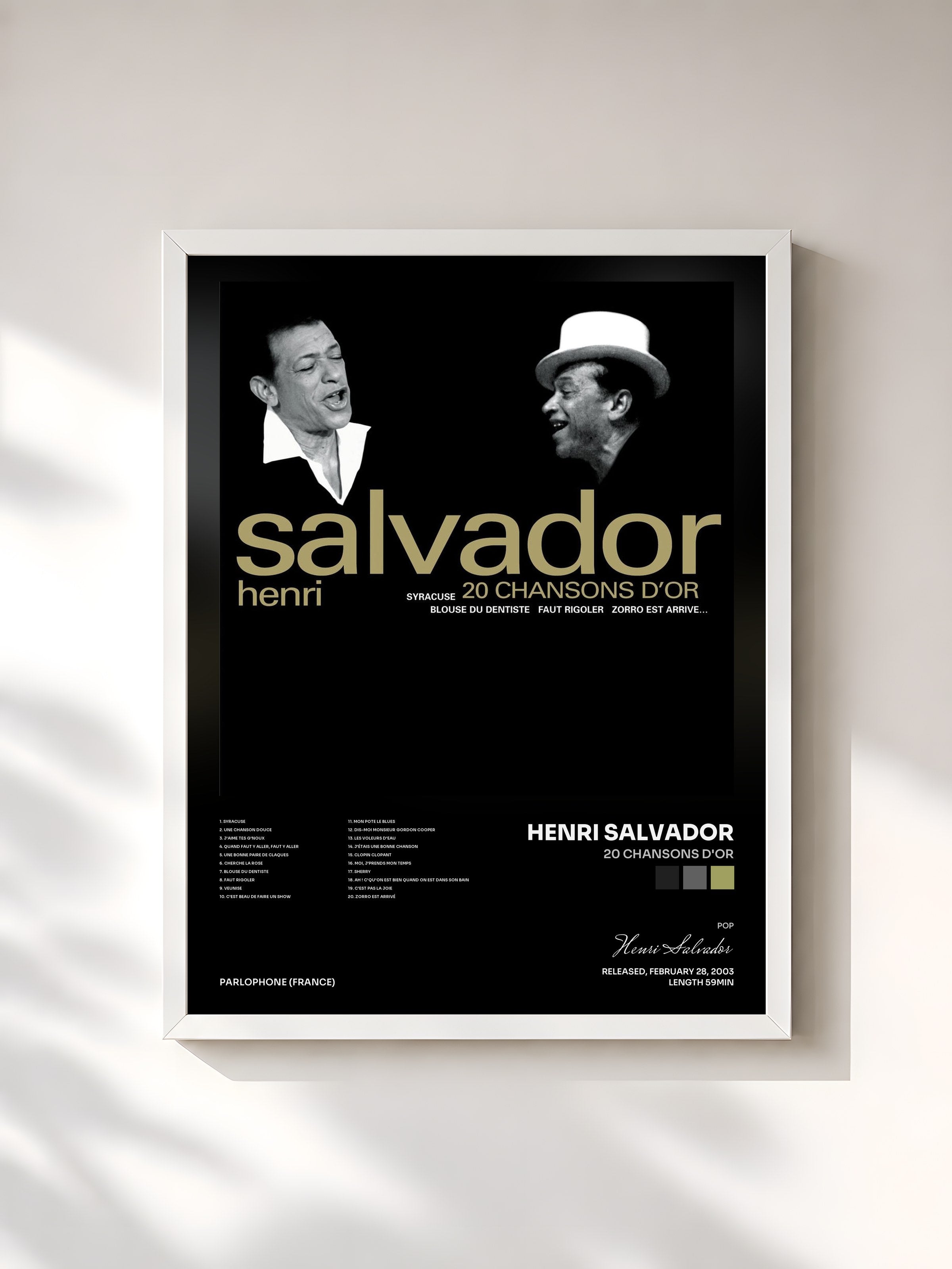 #blanc Tableau de l'album 20 chansons d'or de Henri Salvador, cadre blanc, imprimé et encadré en France