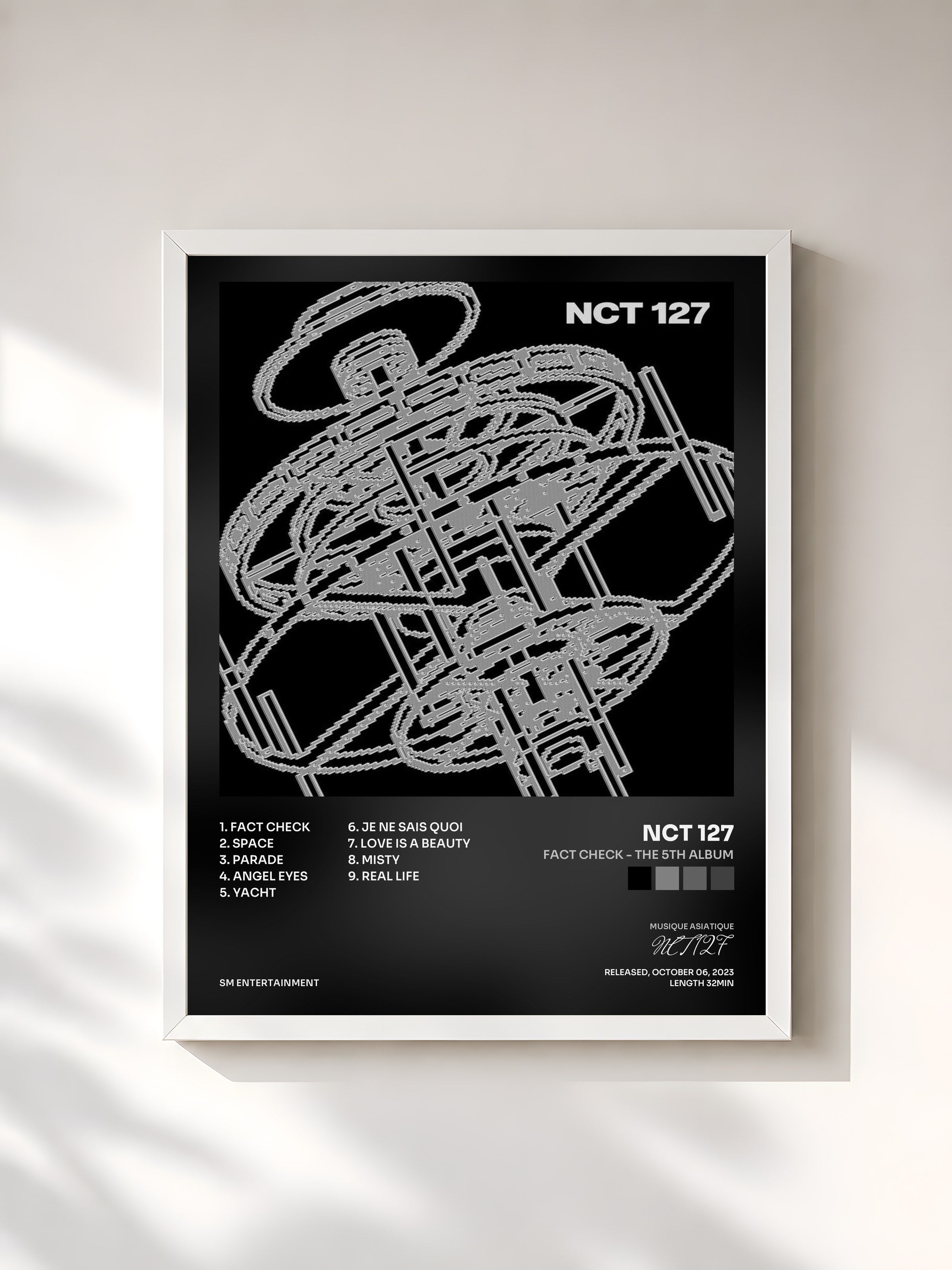 #blanc Tableau de l'album Fact Check - The 5th Album de NCT 127, cadre blanc, imprimé et encadré en France