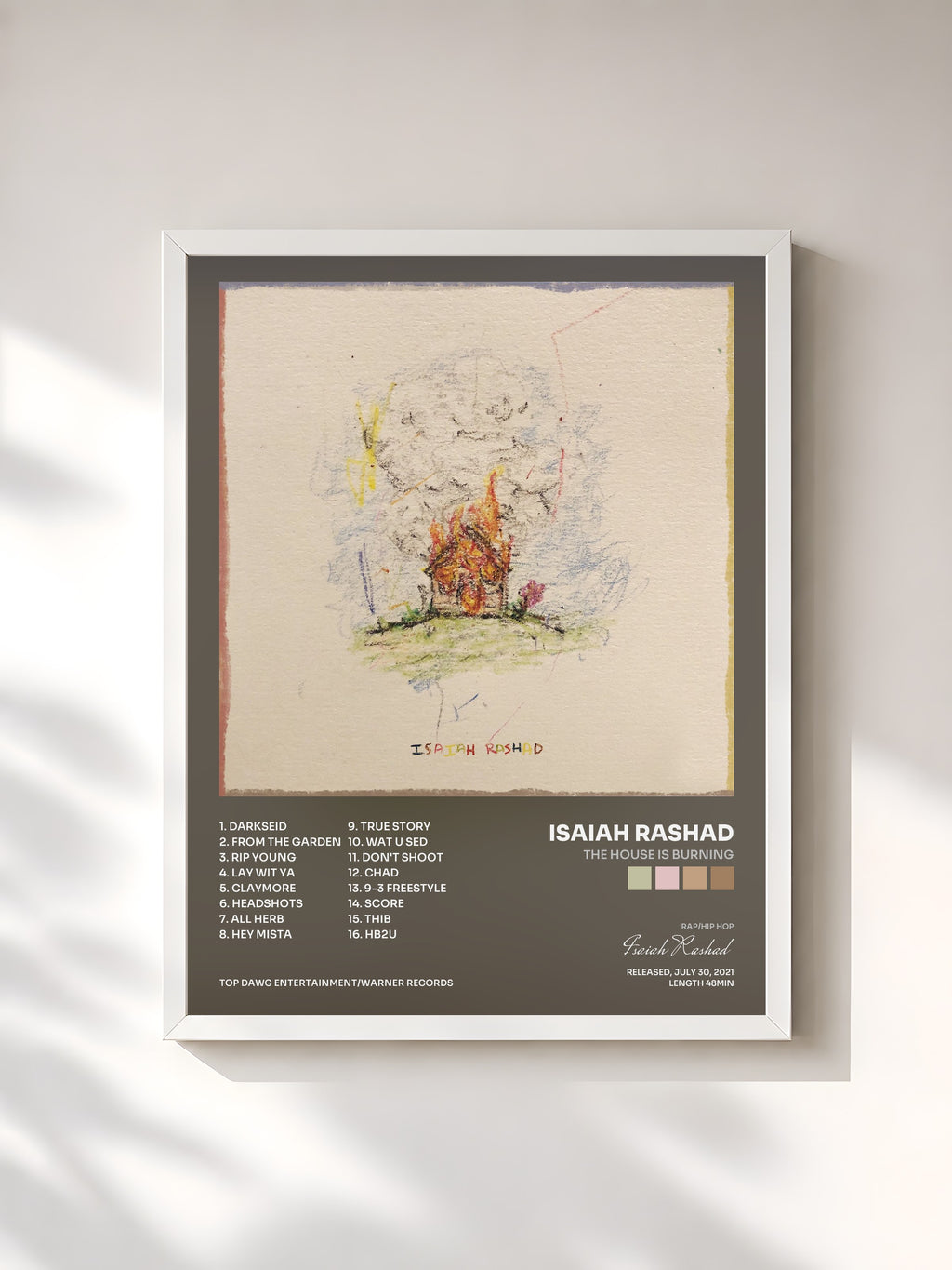 #blanc Tableau de l'album The House Is Burning de Isaiah Rashad, cadre blanc, imprimé et encadré en France