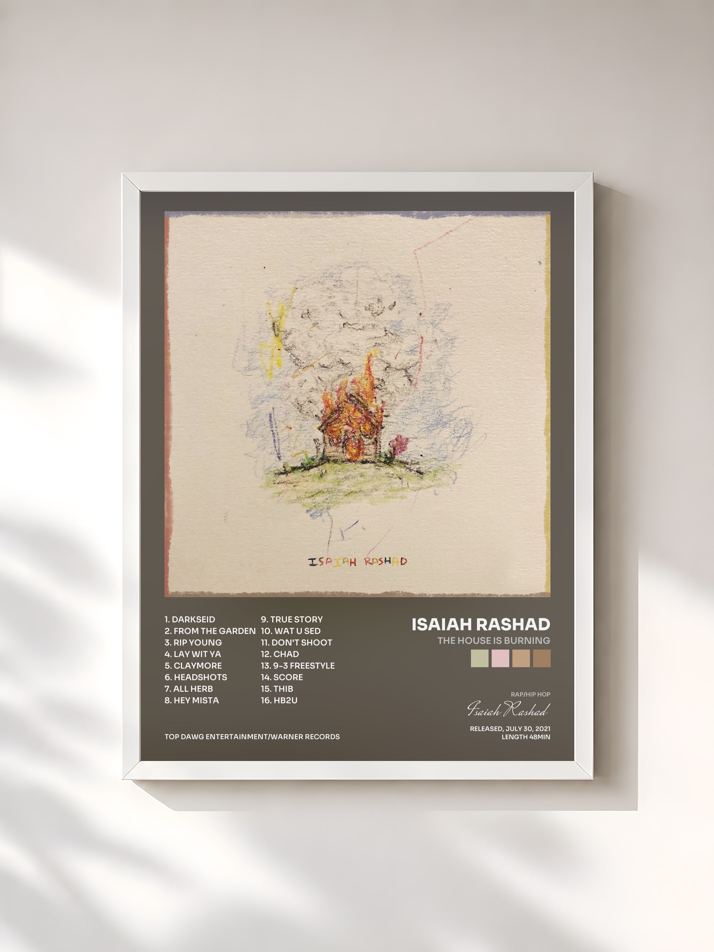 #blanc Tableau de l'album The House Is Burning de Isaiah Rashad, cadre blanc, imprimé et encadré en France