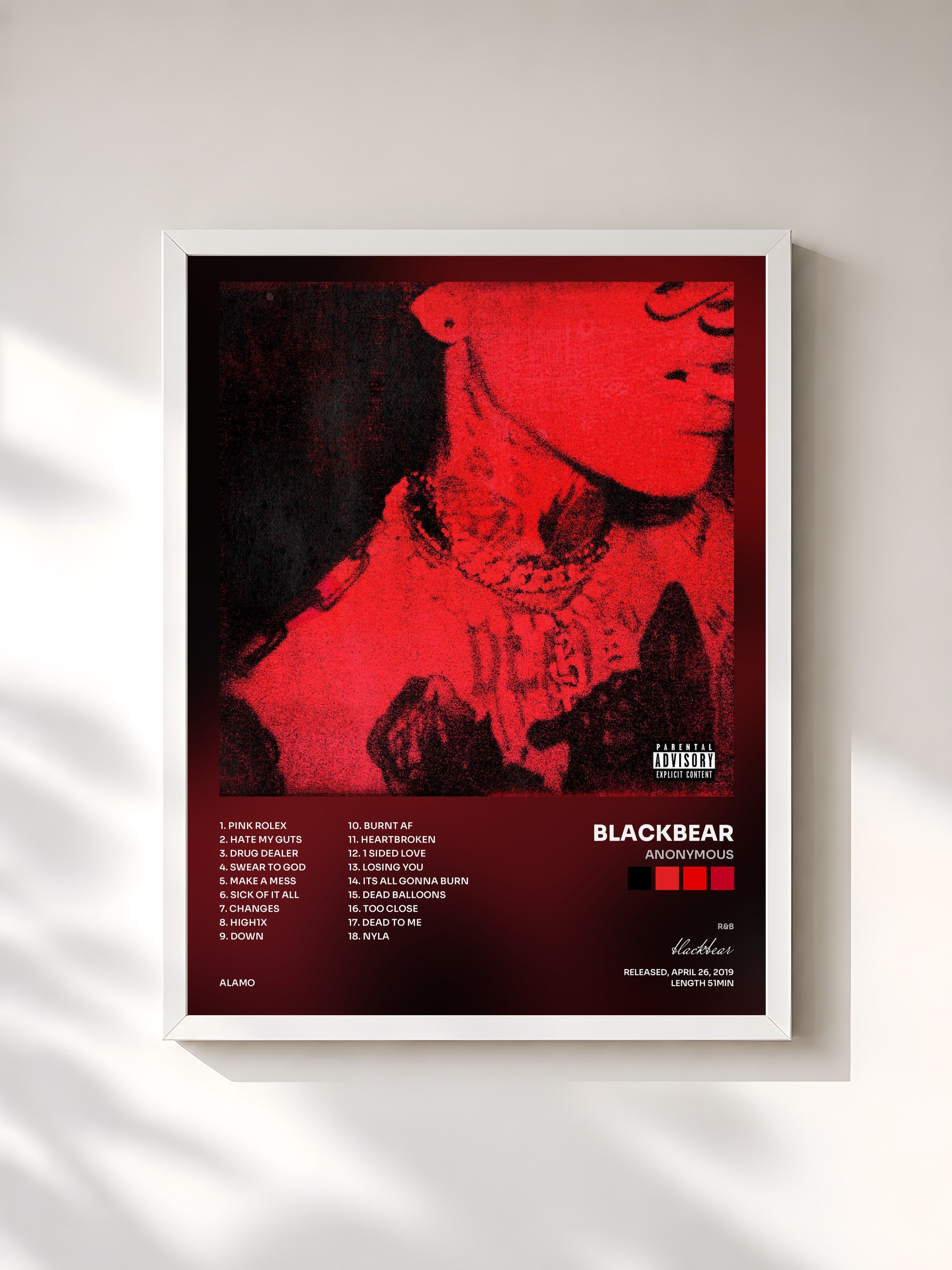 #blanc Tableau de l'album ANONYMOUS de blackbear, cadre blanc, imprimé et encadré en France