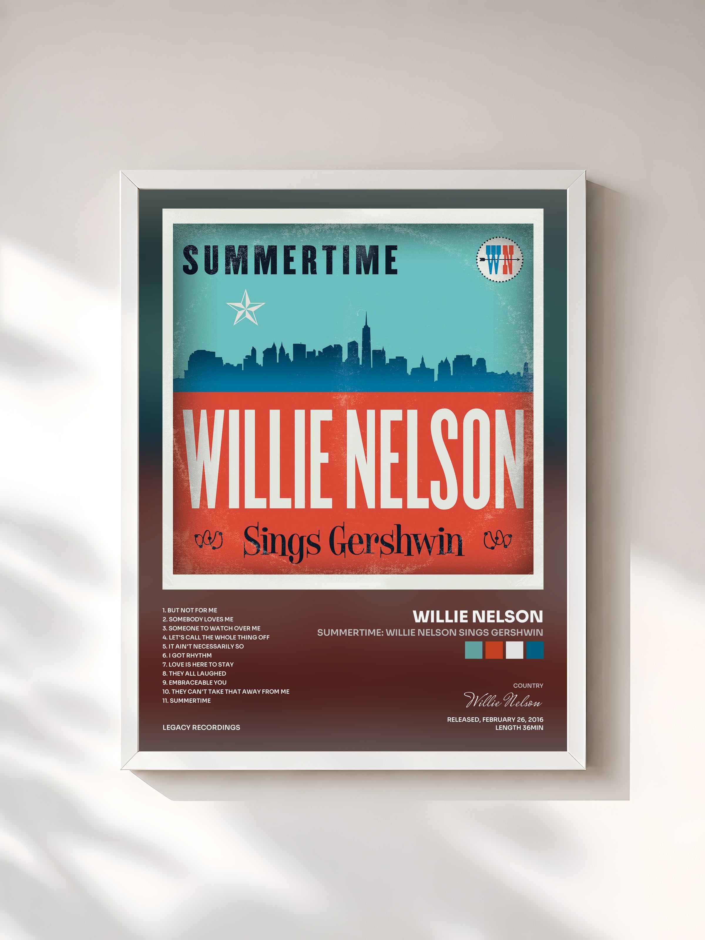 #blanc Tableau de l'album Summertime: Willie Nelson Sings Gershwin de Willie Nelson, cadre blanc, imprimé et encadré en France
