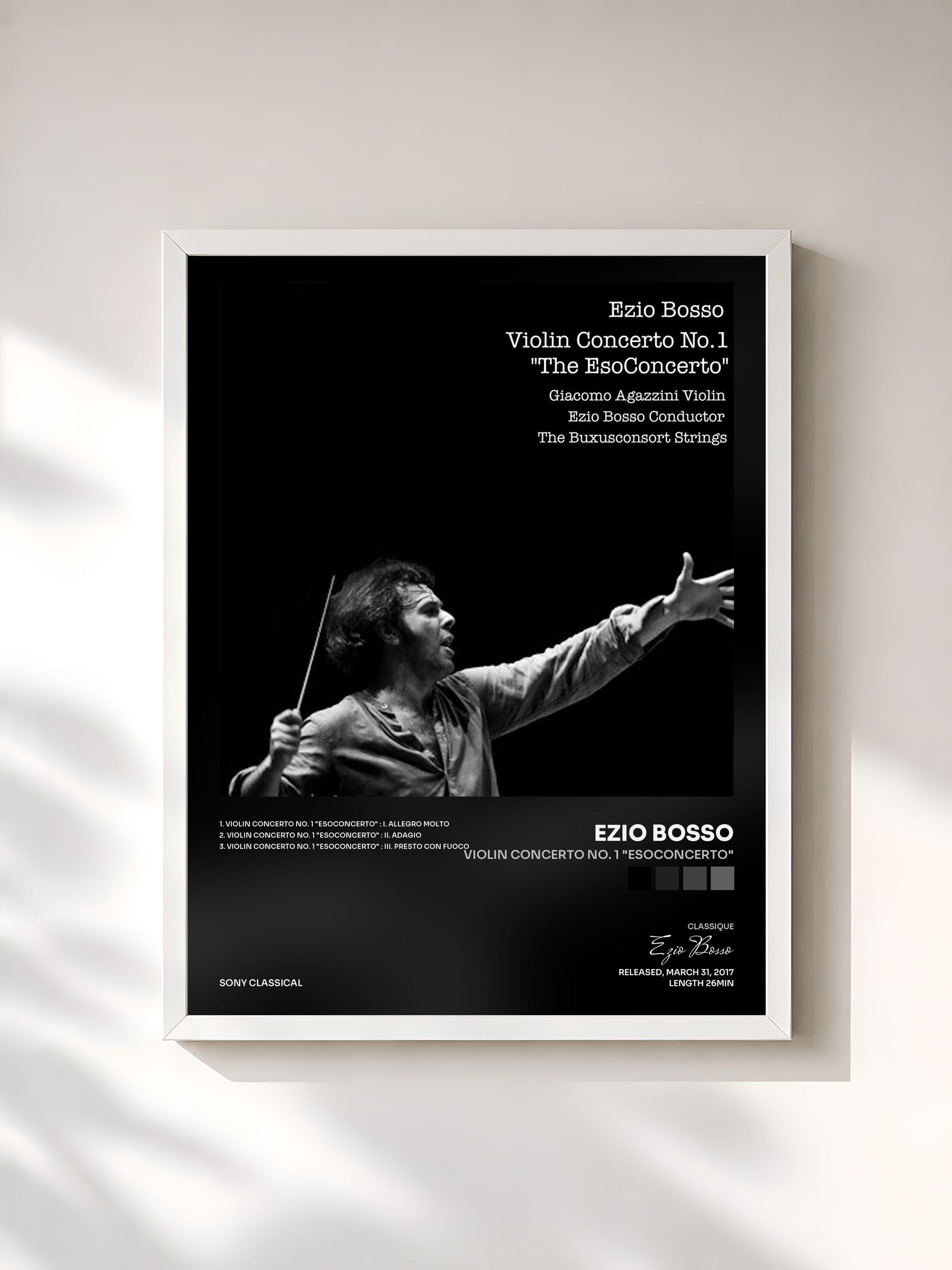 #blanc Tableau de l'album Violin Concerto No. 1 "Esoconcerto" de Ezio Bosso, cadre blanc, imprimé et encadré en France