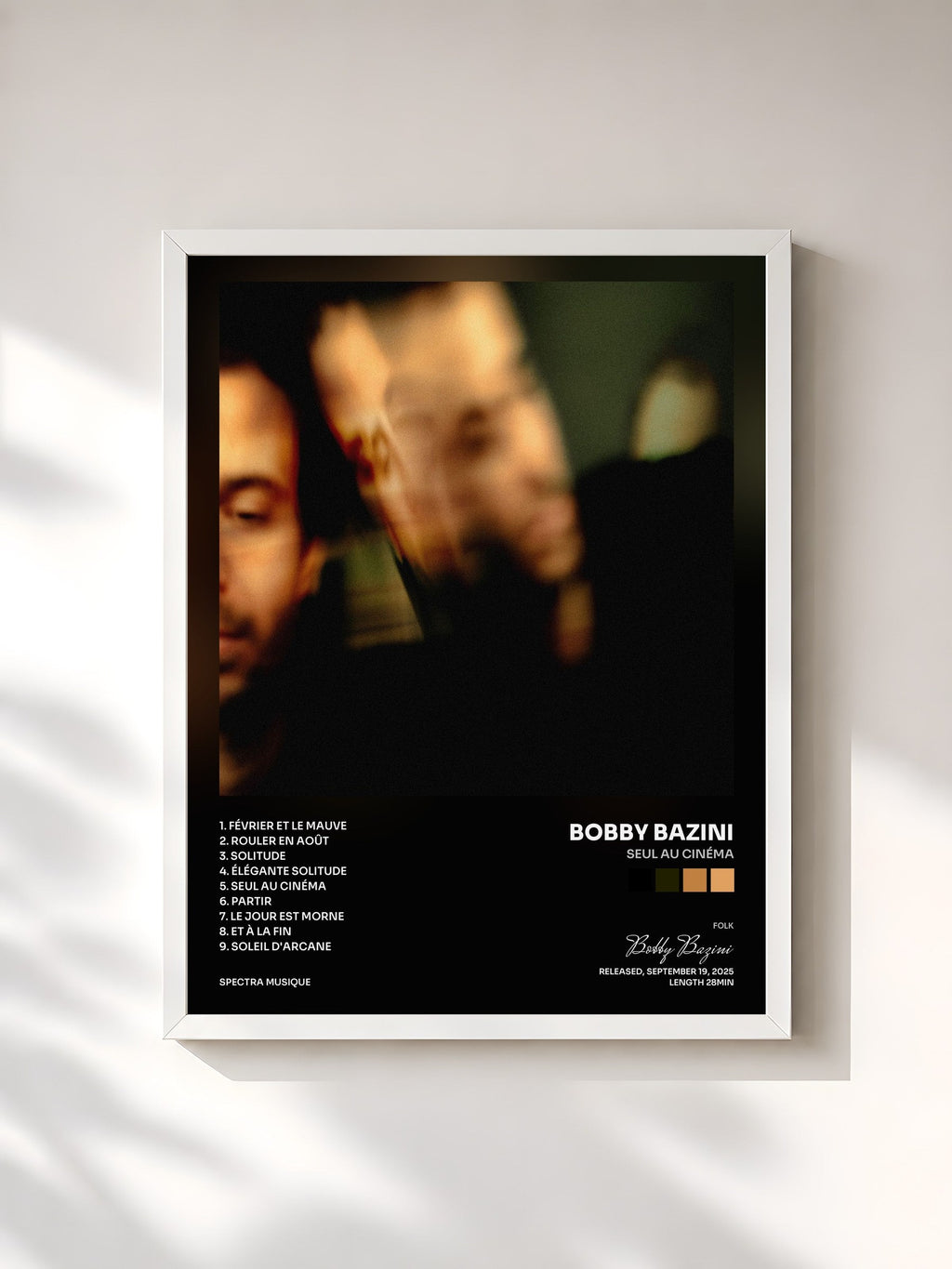 #blanc Tableau de l'album Seul au cinéma de Bobby Bazini, cadre blanc, imprimé et encadré en France