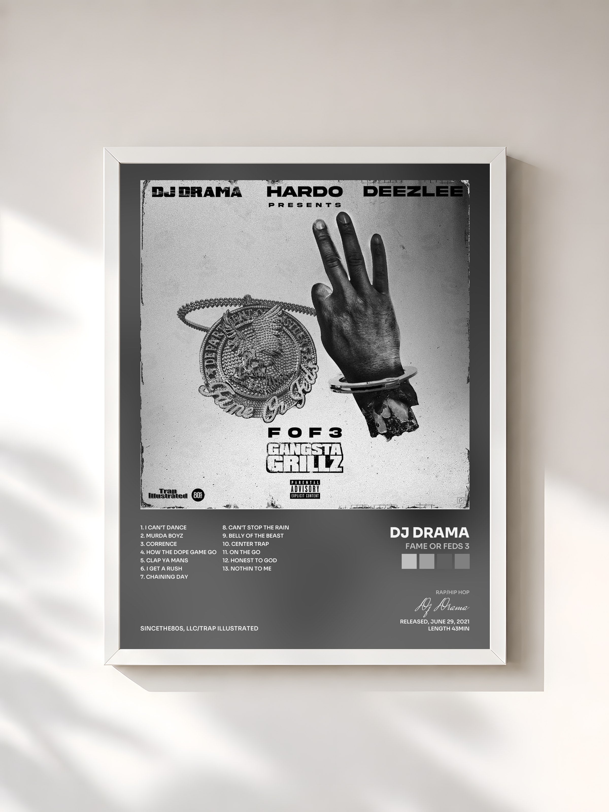 #blanc Tableau de l'album Fame Or Feds 3 de Dj Drama, cadre blanc, imprimé et encadré en France