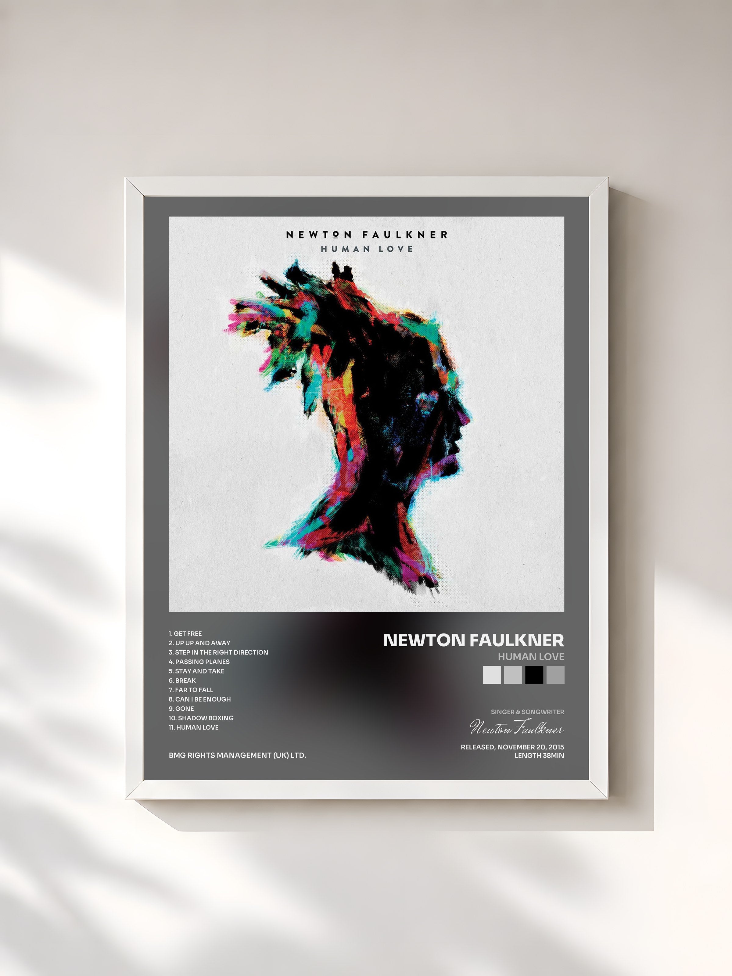 #blanc Tableau de l'album Human Love de Newton Faulkner, cadre blanc, imprimé et encadré en France