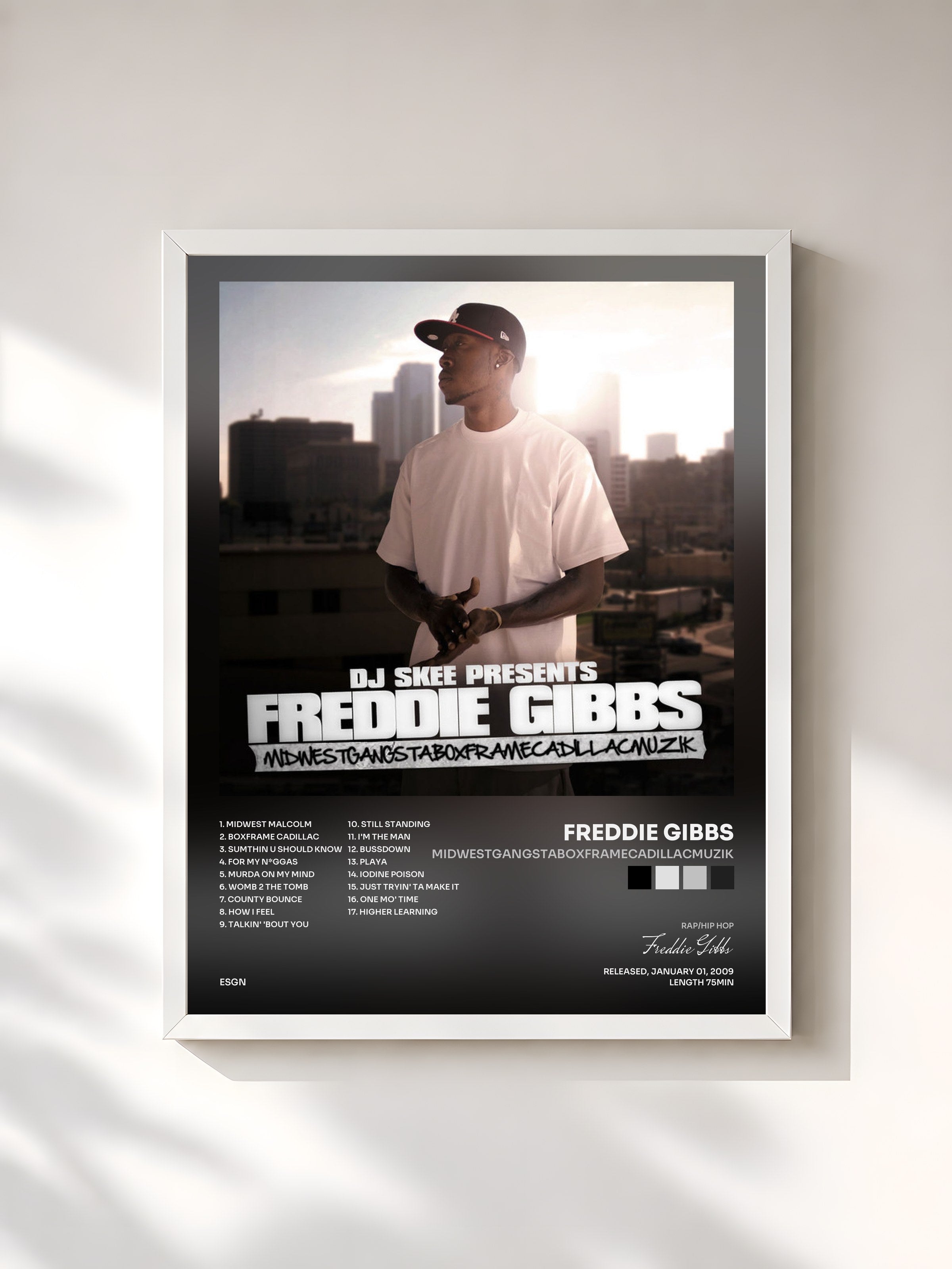 #blanc Tableau de l'album Midwestgangstaboxframecadillacmuzik de Freddie Gibbs, cadre blanc, imprimé et encadré en France