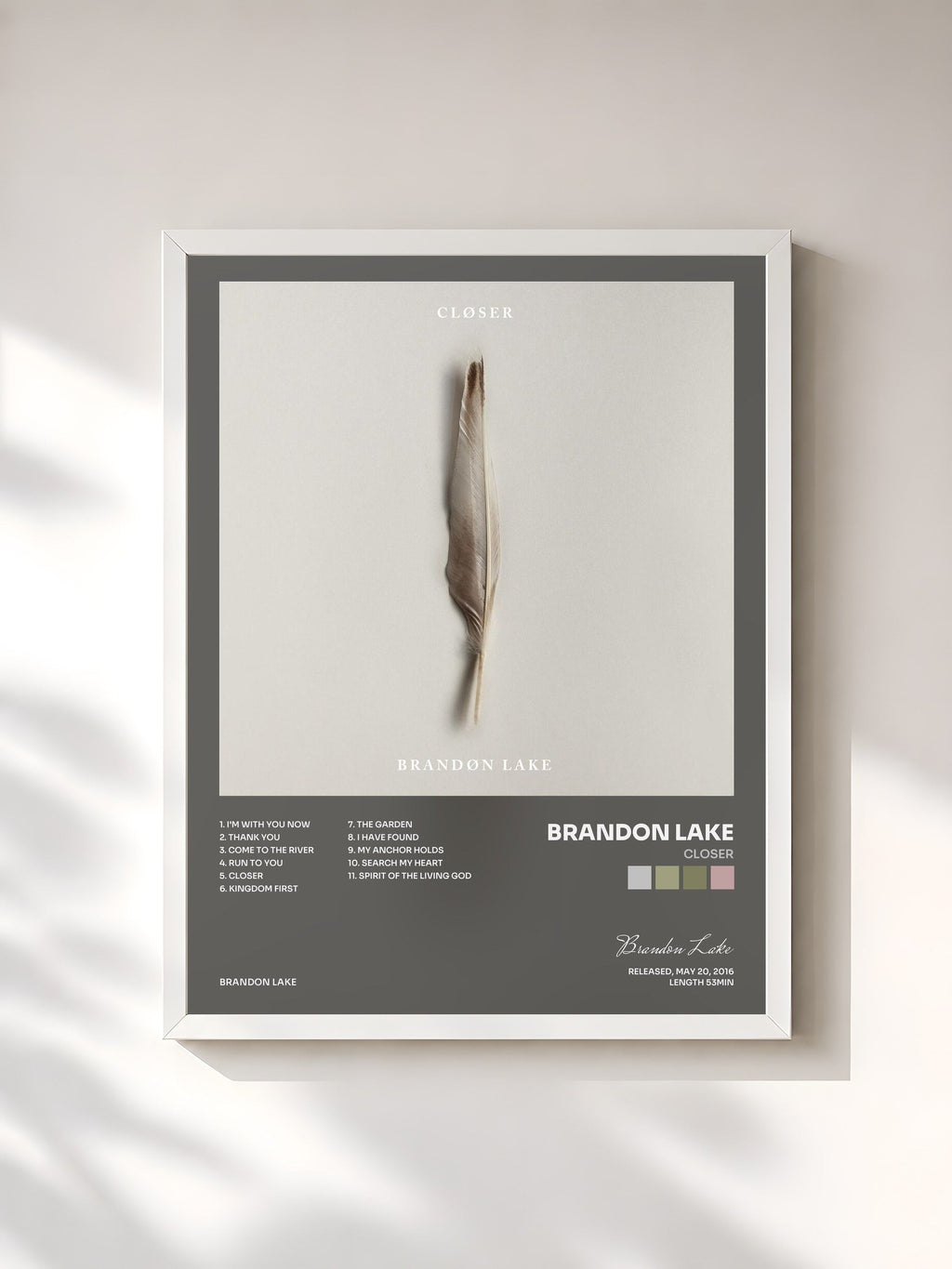 #blanc Tableau de l'album Closer de Brandon Lake, cadre blanc, imprimé et encadré en France