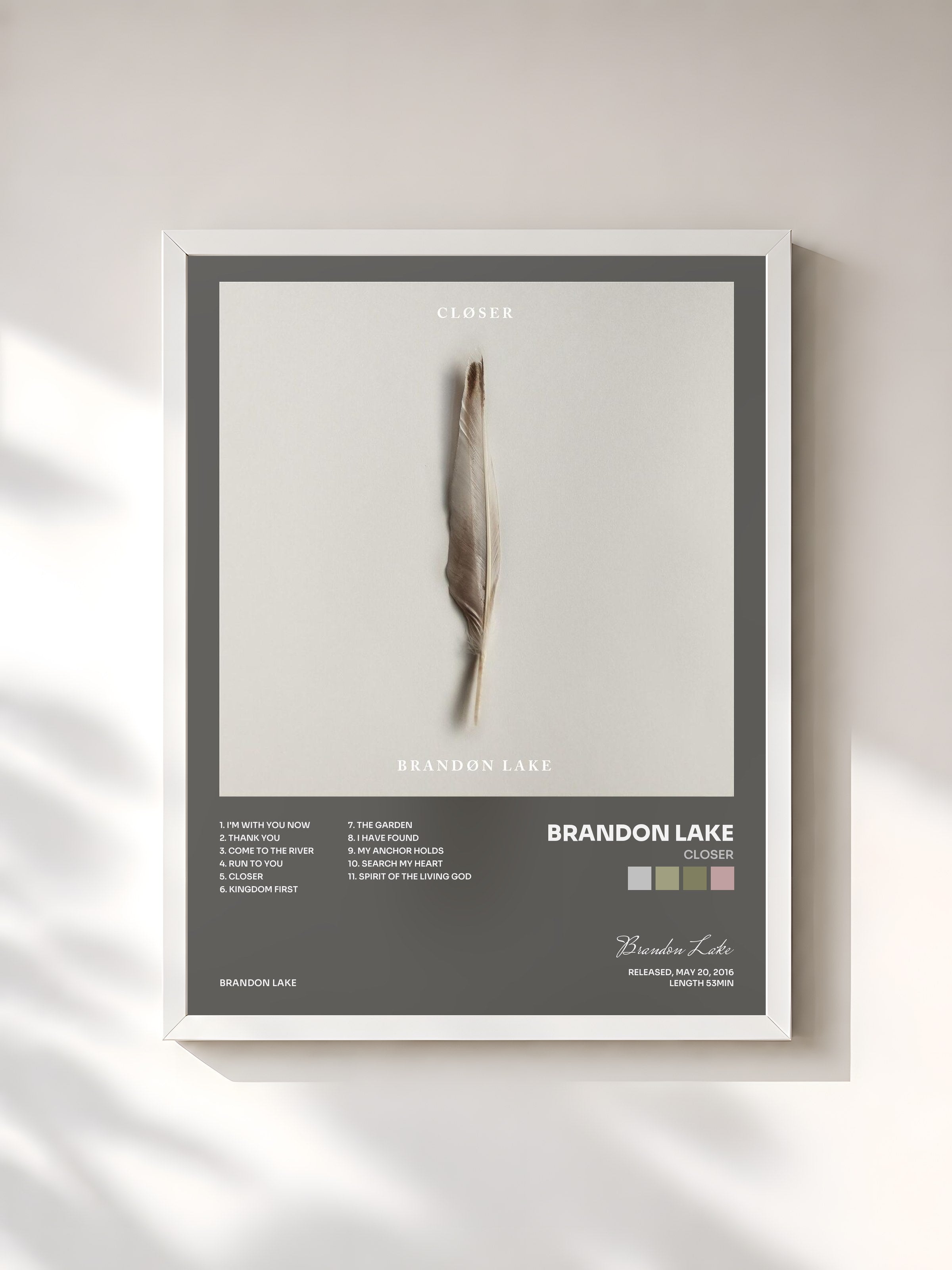 #blanc Tableau de l'album Closer de Brandon Lake, cadre blanc, imprimé et encadré en France