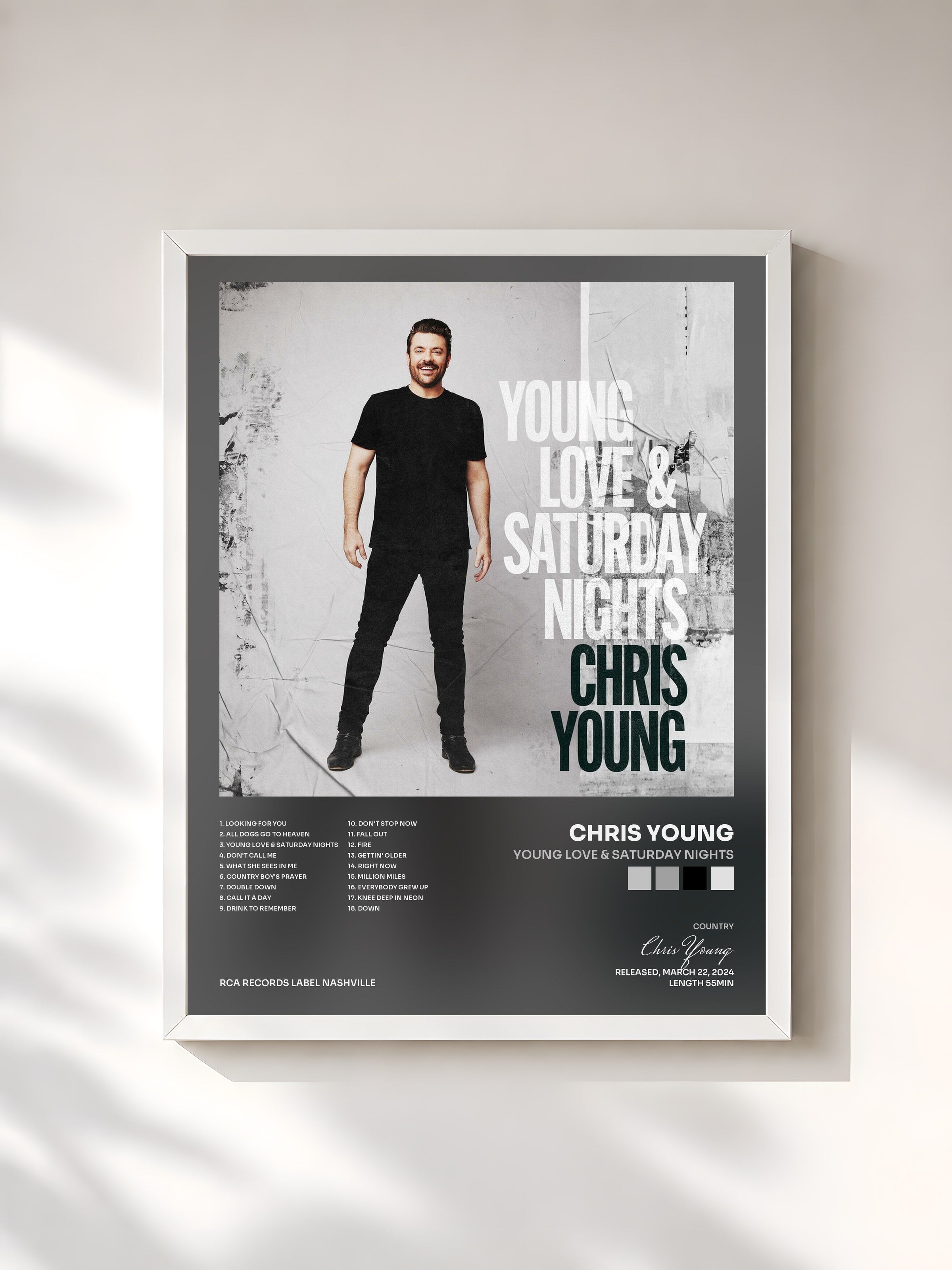 #blanc Tableau de l'album Young Love & Saturday Nights de Chris Young, cadre blanc, imprimé et encadré en France