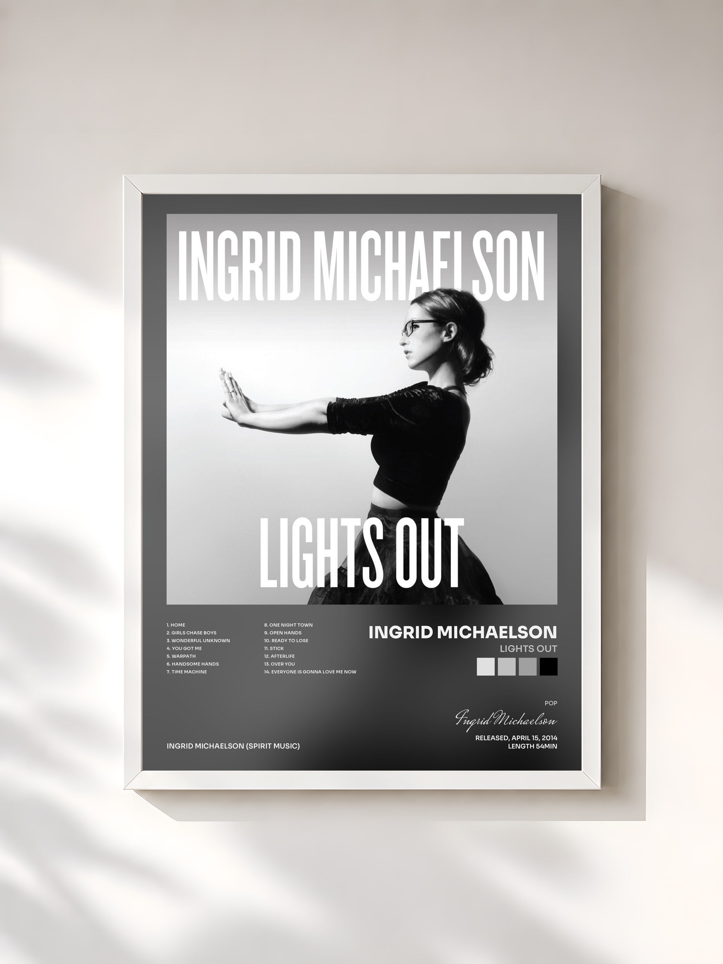 #blanc Tableau de l'album Lights Out de Ingrid Michaelson, cadre blanc, imprimé et encadré en France