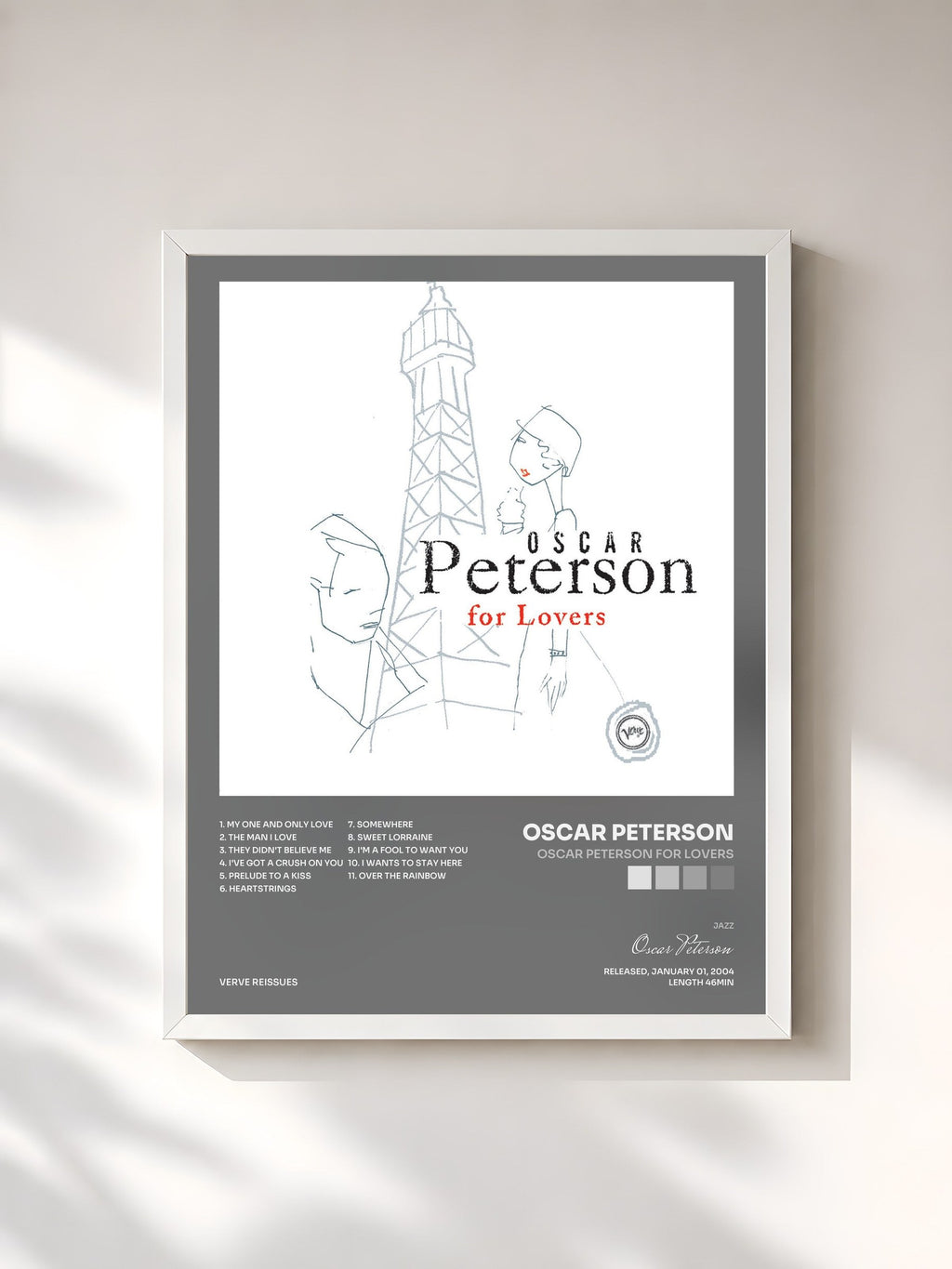 #blanc Tableau de l'album Oscar Peterson For Lovers de Oscar Peterson, cadre blanc, imprimé et encadré en France