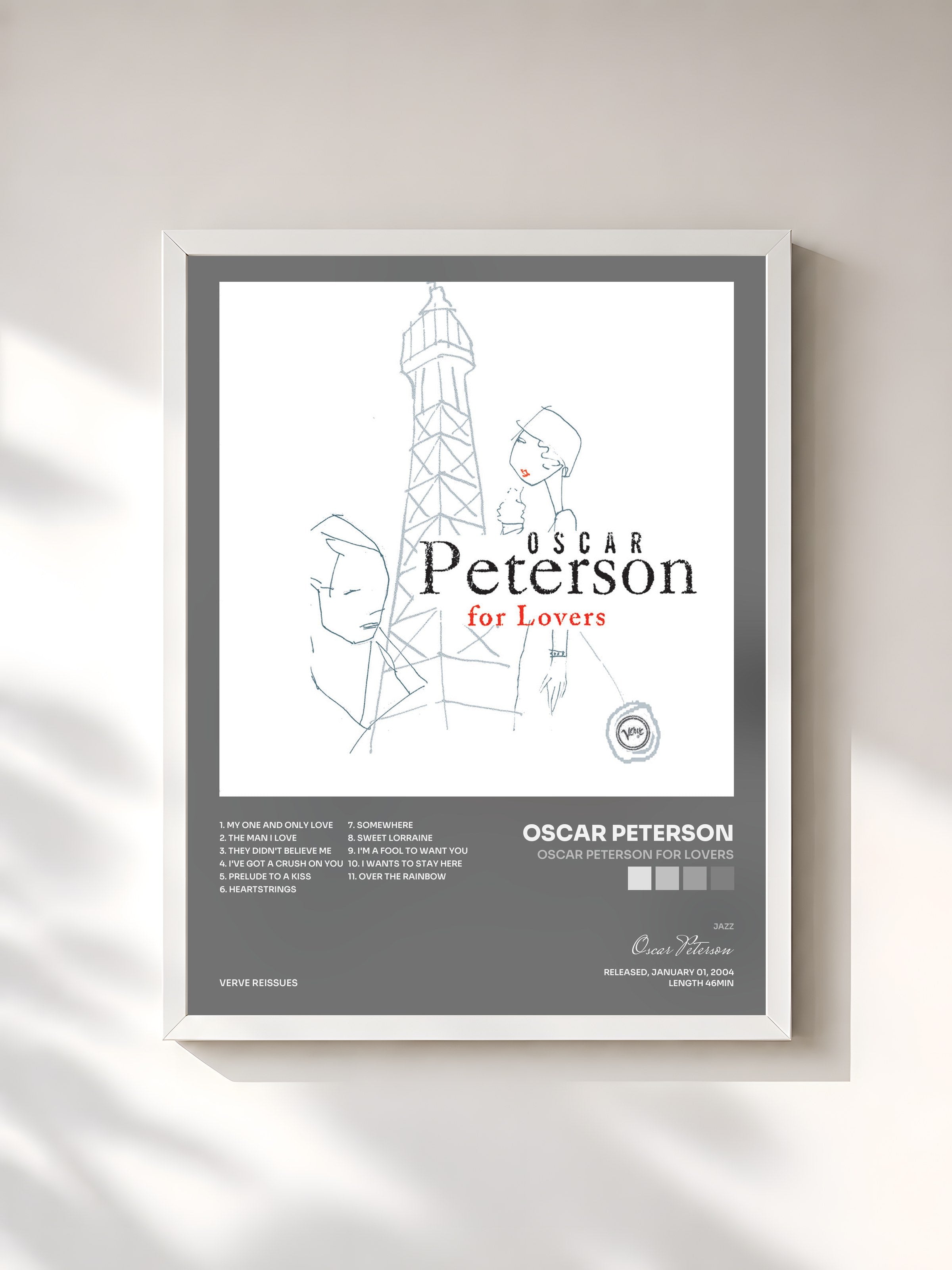 #blanc Tableau de l'album Oscar Peterson For Lovers de Oscar Peterson, cadre blanc, imprimé et encadré en France