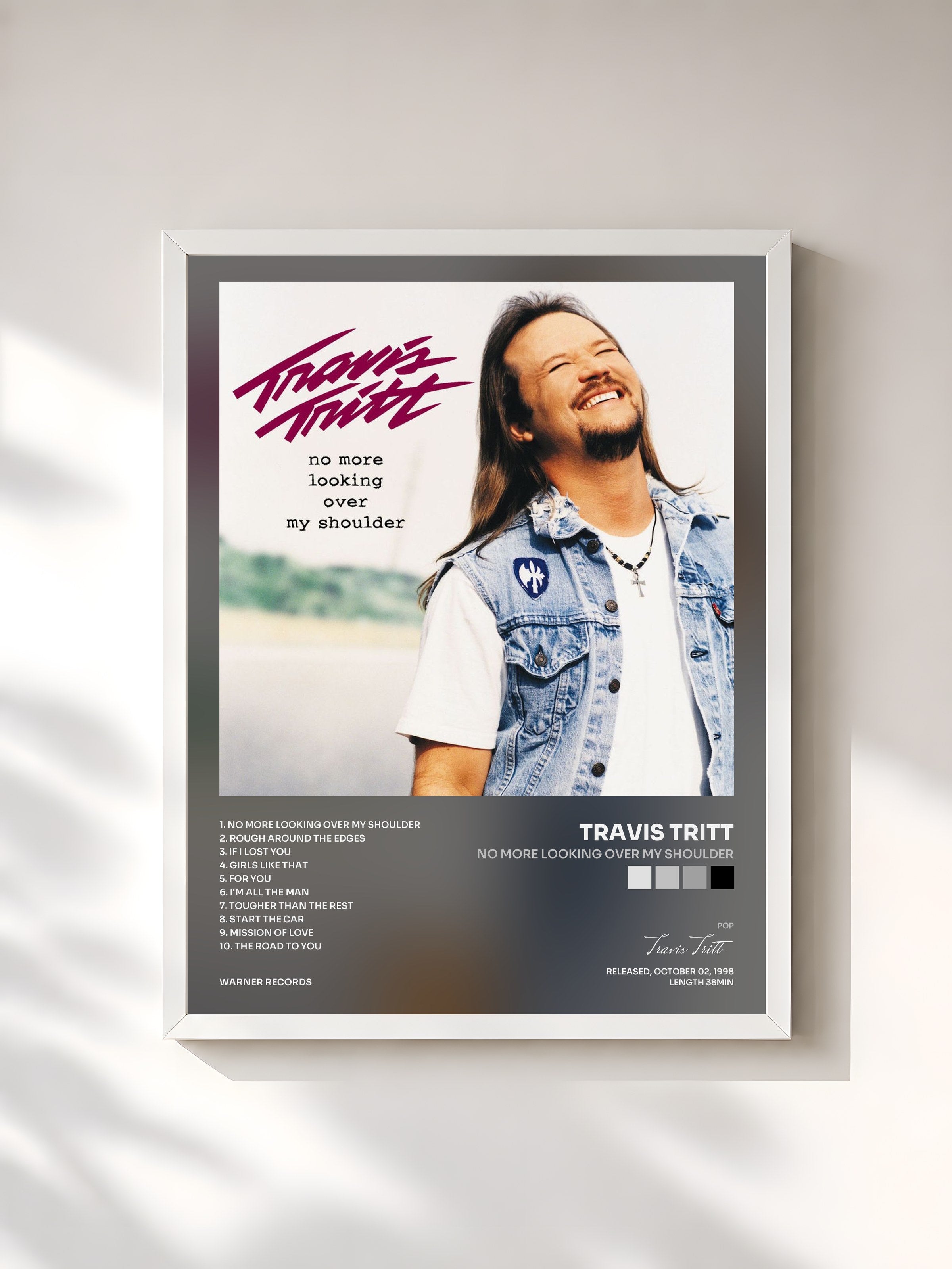 #blanc Tableau de l'album No More Looking Over My Shoulder de Travis Tritt, cadre blanc, imprimé et encadré en France