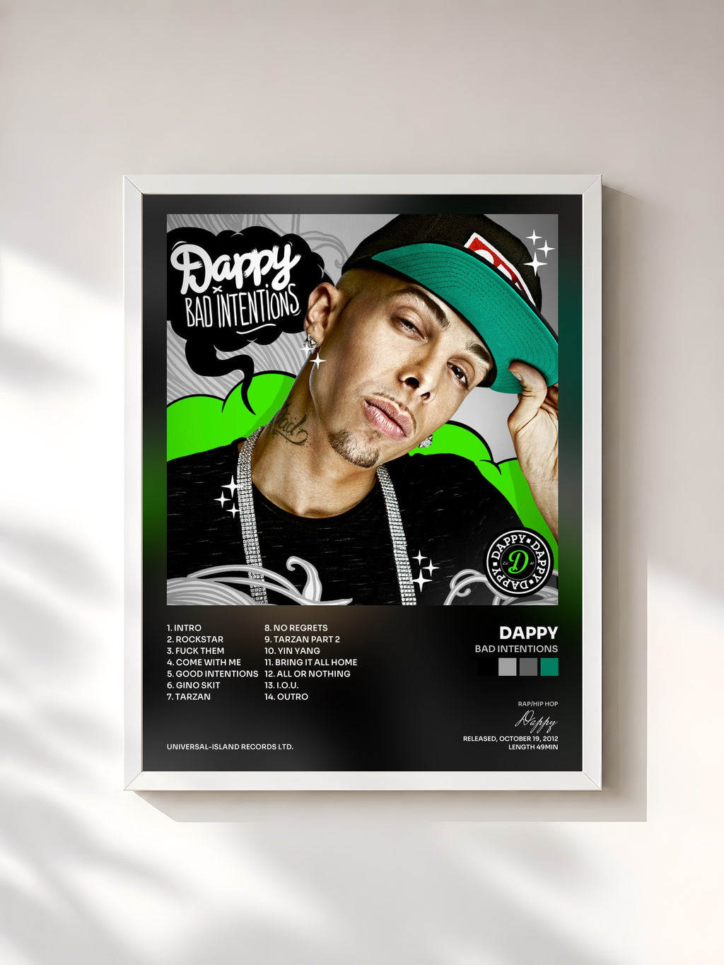 #blanc Bad Intentions by Dappy as a framed art print, white frame, printed and framed in France