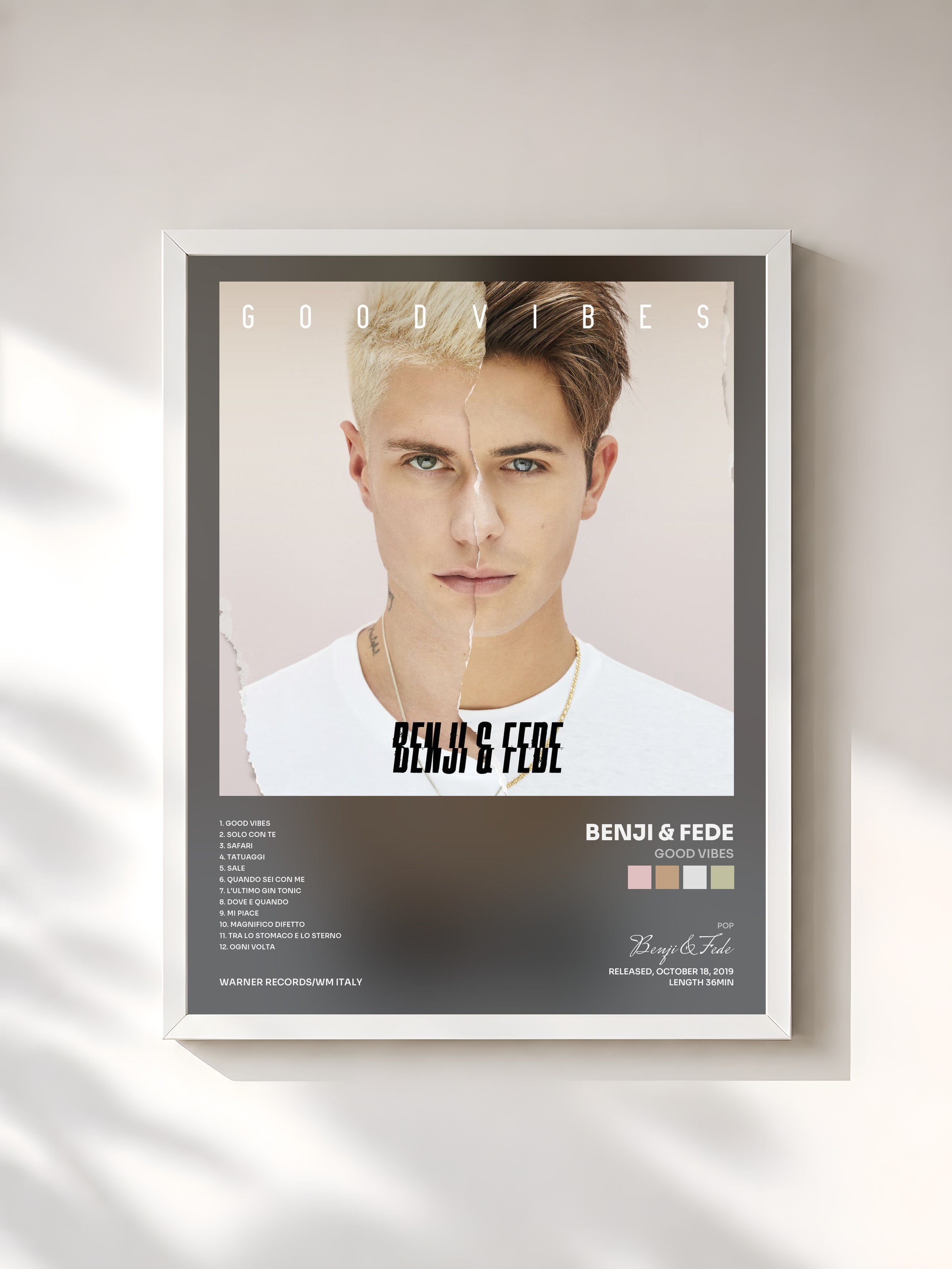 #blanc Tableau de l'album Good Vibes de Benji & Fede, cadre blanc, imprimé et encadré en France
