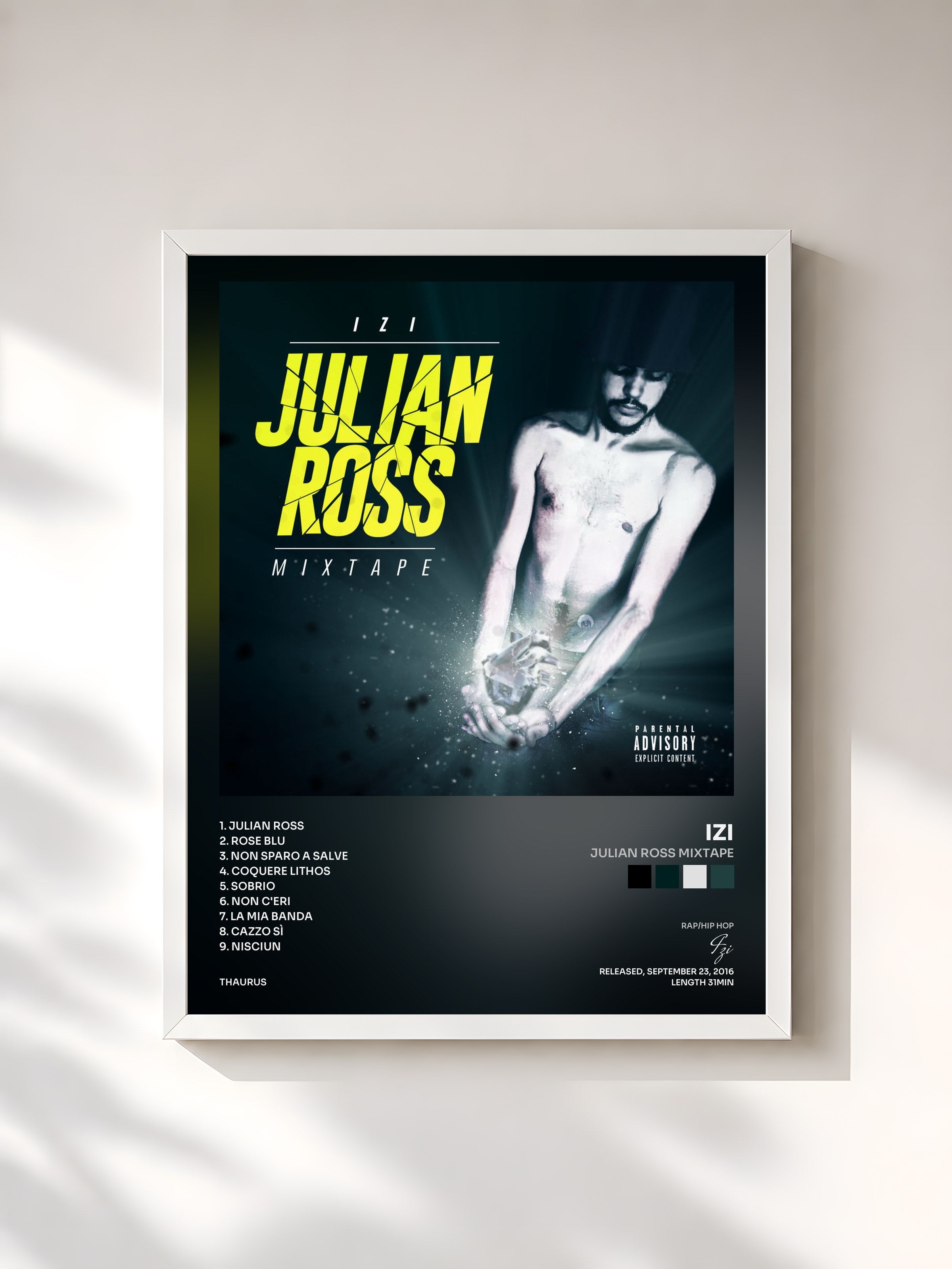 #blanc Tableau de l'album Julian Ross Mixtape de Izi, cadre blanc, imprimé et encadré en France